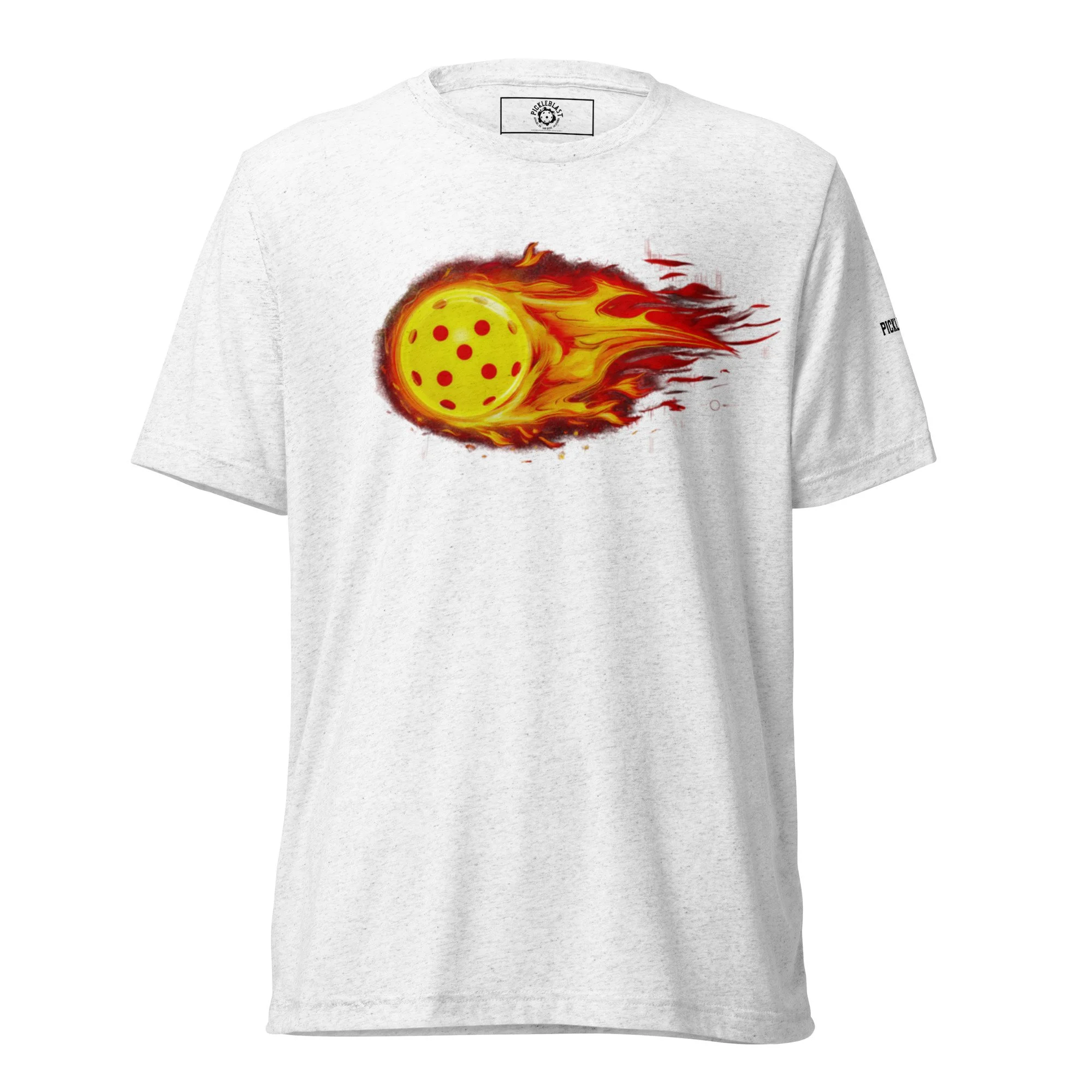 Solid White Unisex pickleball T-shirt featuring the Meteor PickleBlast design with a yellow pickleball and red-orange flame trail.