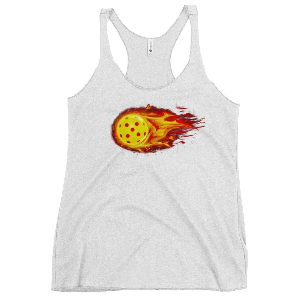 Heather White Women's pickleball tank top featuring the Meteor PickleBlast design with a yellow pickleball and red-orange flame trail.