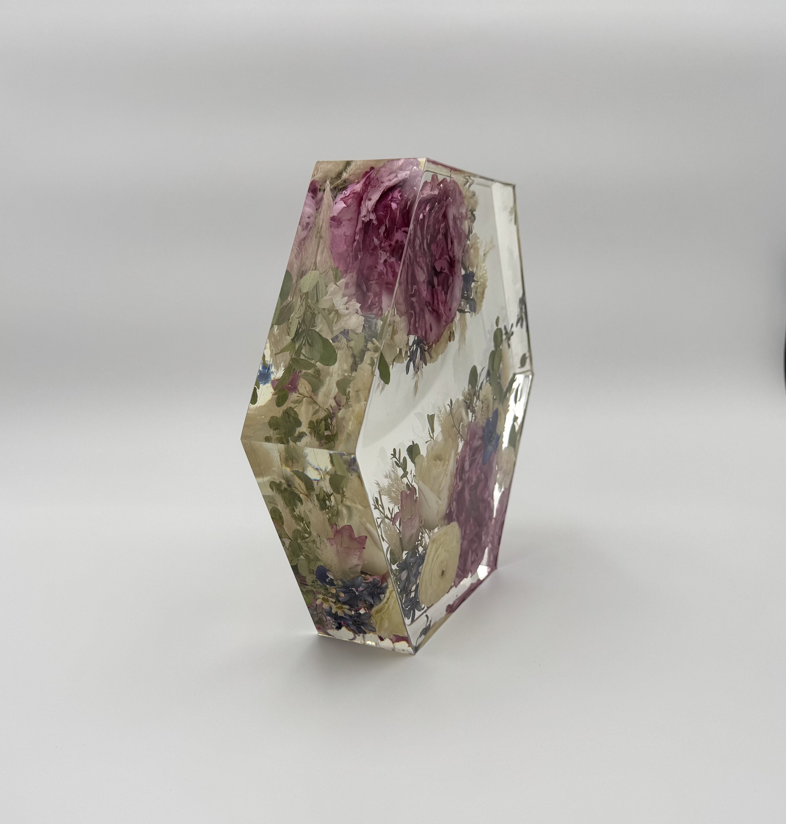 Custom floral Hexagon resin block, Flower preservation- preserving your wedding flowers or memorial flowers into custom resin art