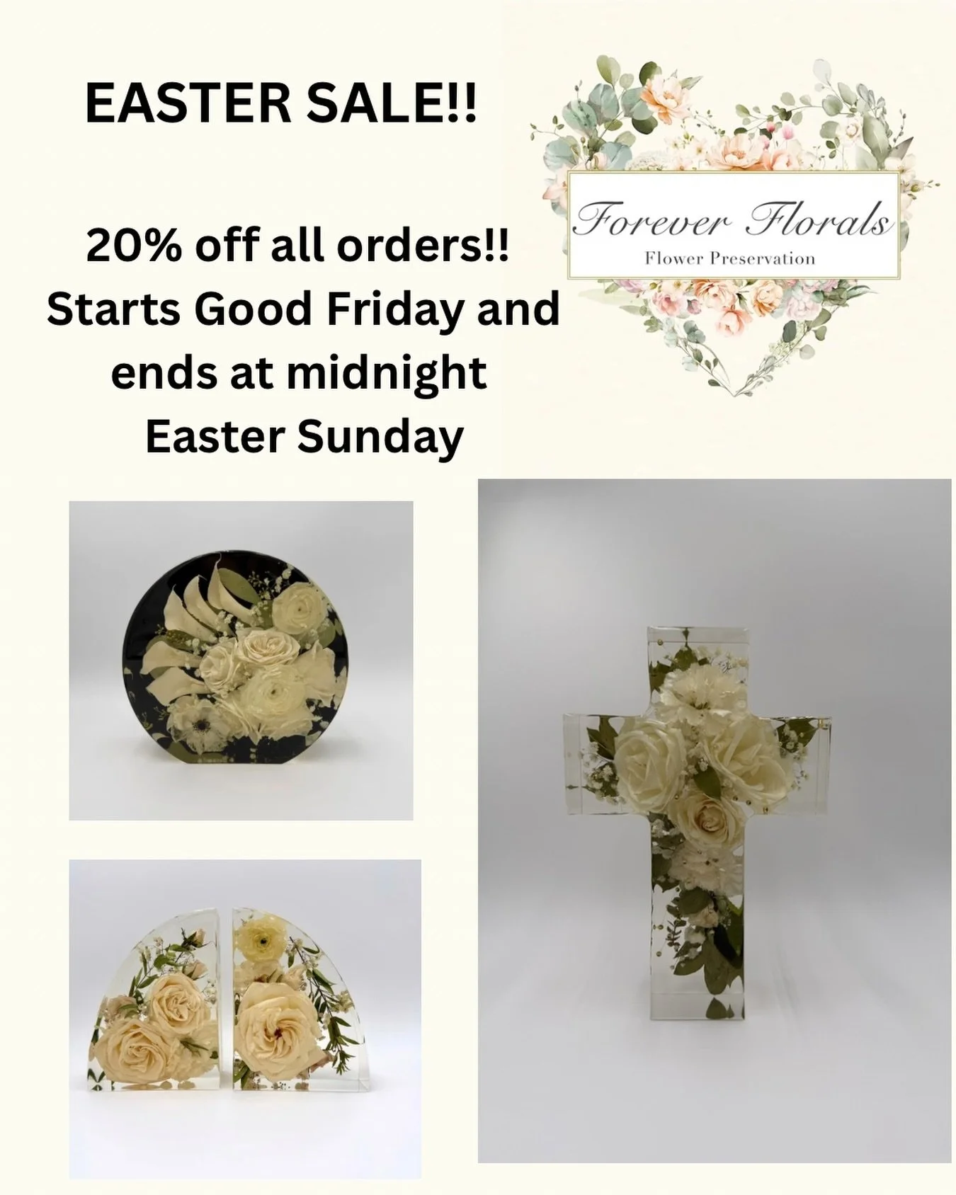 EASTER SALE! 20% off all orders! Brides that have not yet dropped off their bouquets with us are welcome to not miss out and order early! 
Drying fee will still apply at time of drop off or you can include it all in this sale!✝️🙏🏼