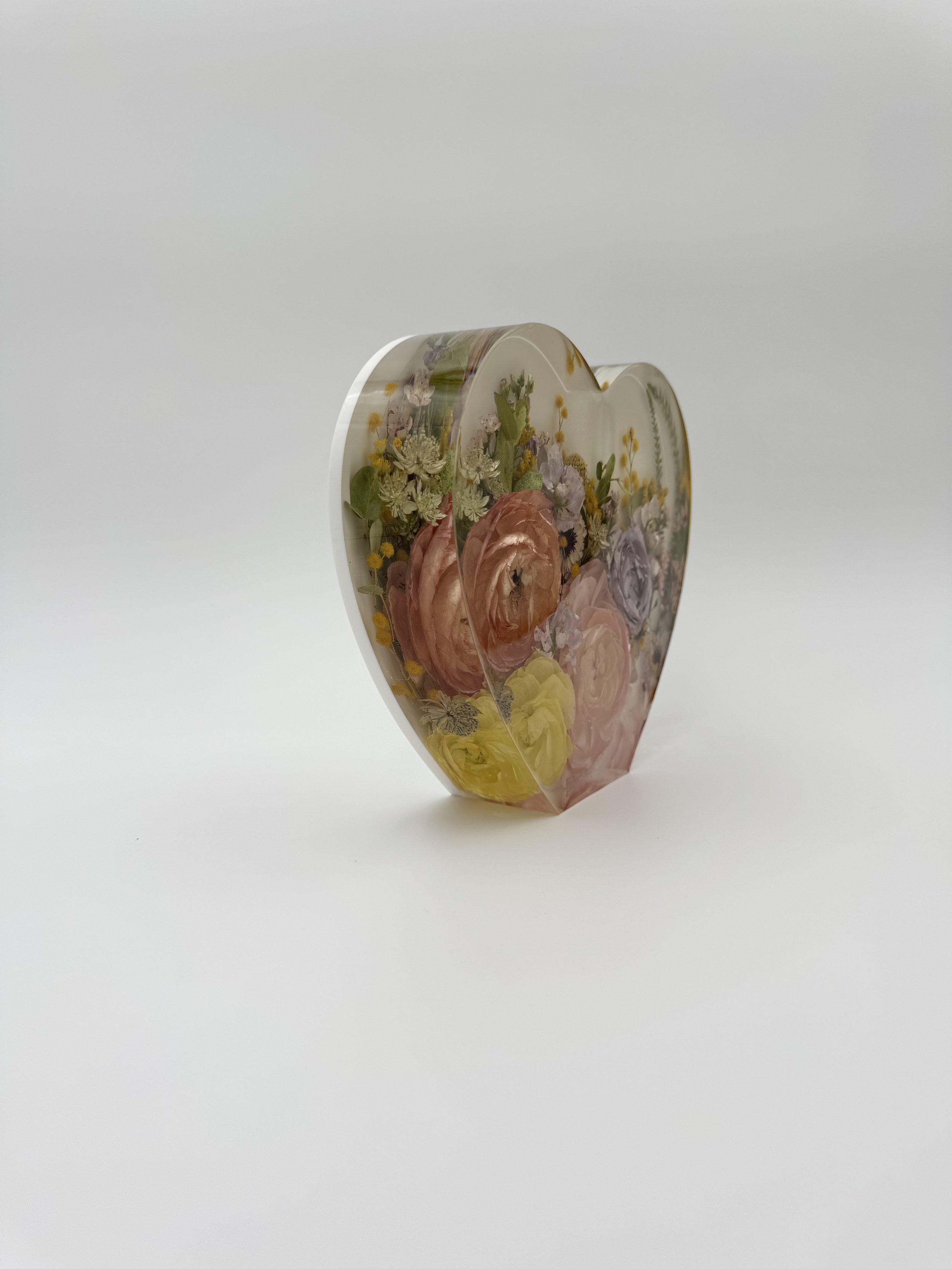 Custom floral Heart resin block, Indiana Flower preservation- preserving your wedding flowers or memorial flowers into custom resin art