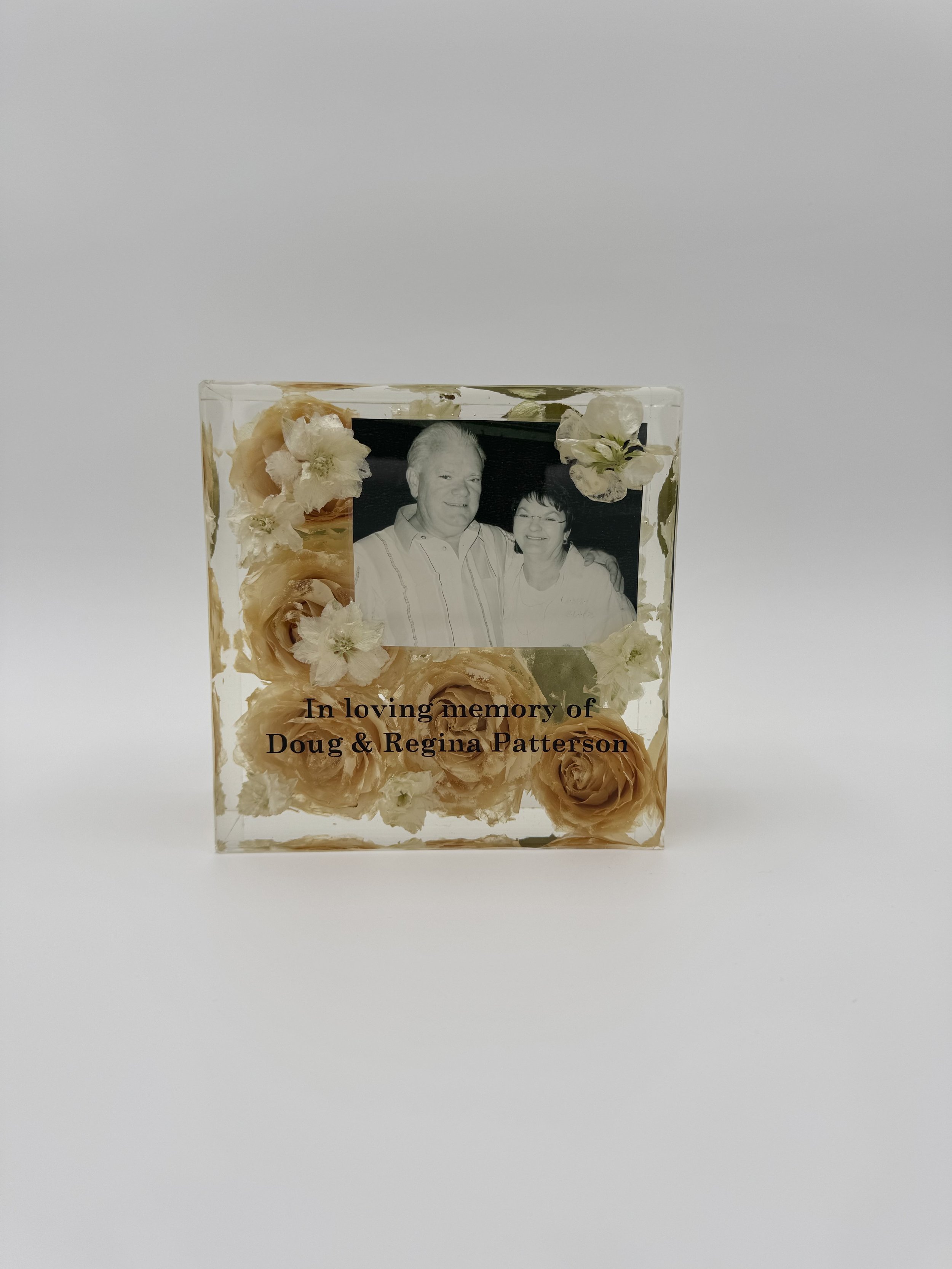 6 x 6 Custom floral block, Indiana Flower preservation- preserving your wedding flowers or memorial flowers into custom resin art