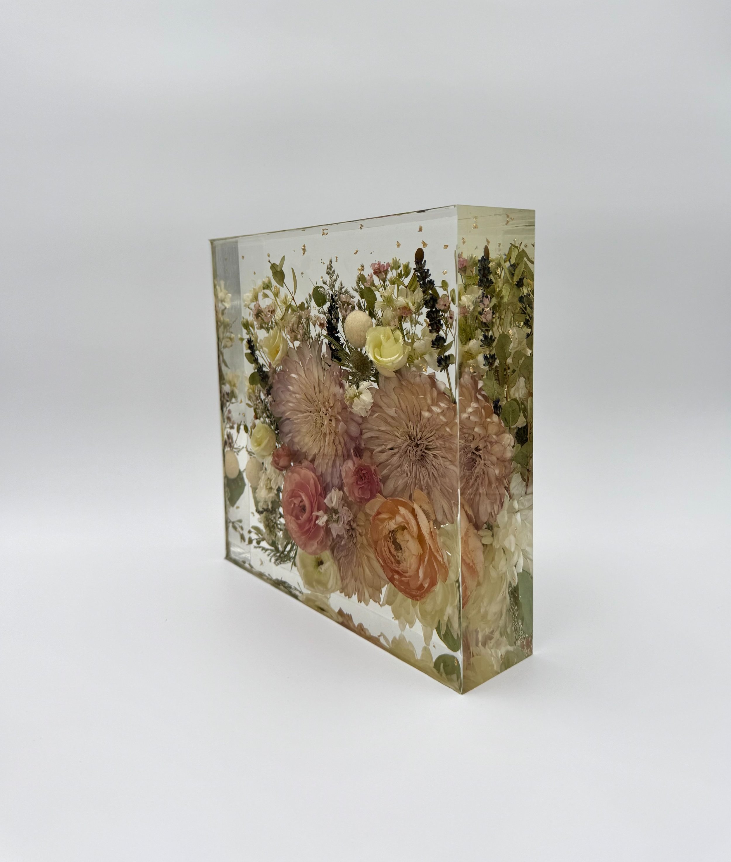 10x10 Custom floral block, Indianapolis Flower preservation- preserving your wedding flowers or memorial flowers into custom resin art