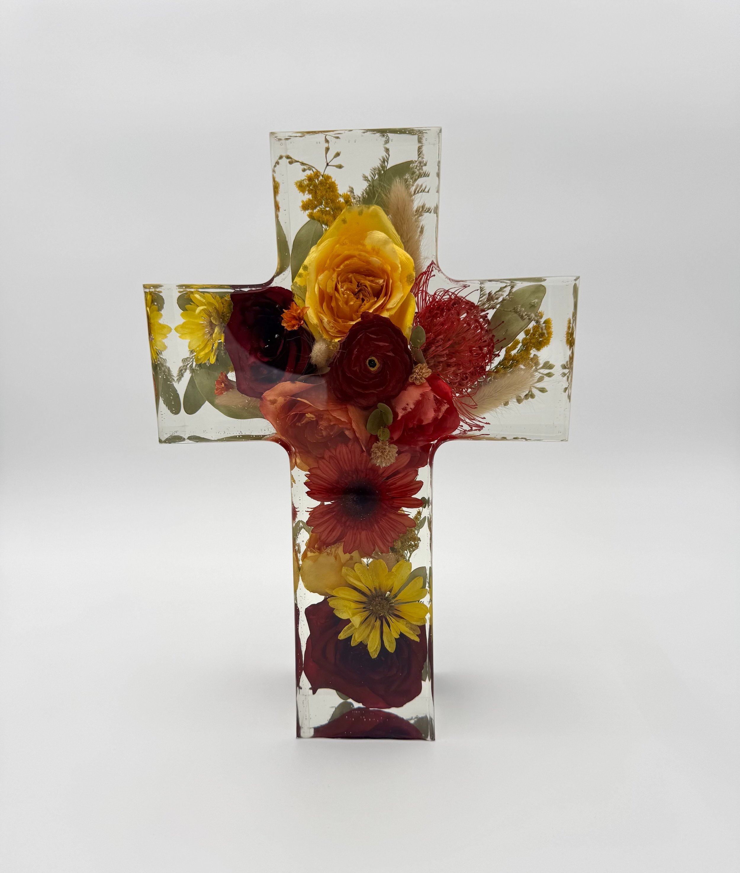 Custom floral Cross resin block, Indiana Flower preservation- preserving your wedding flowers or memorial flowers into custom resin art