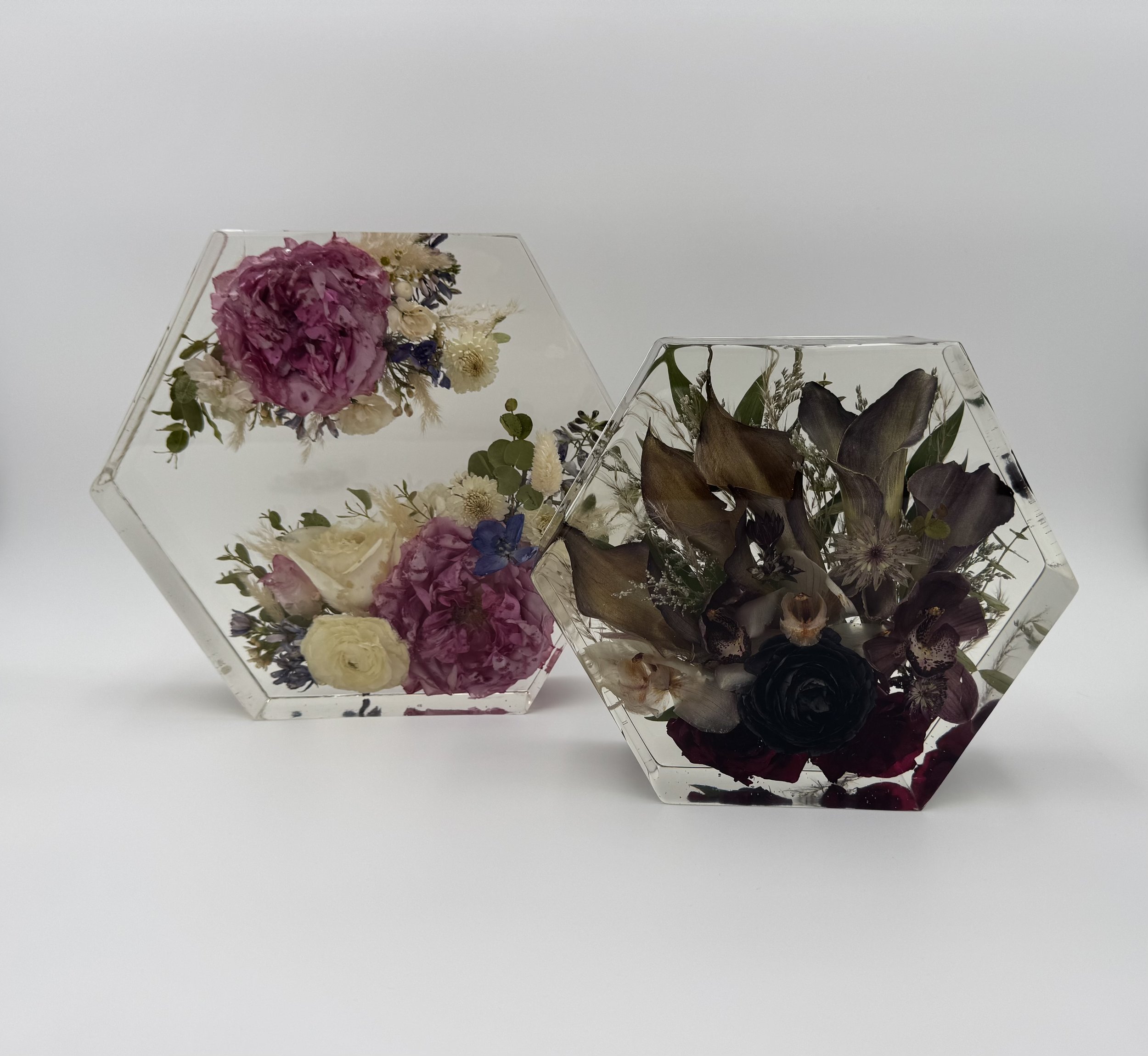 Custom floral Hexagon resin block, Indiana Flower preservation- preserving your wedding flowers or memorial flowers into custom resin art