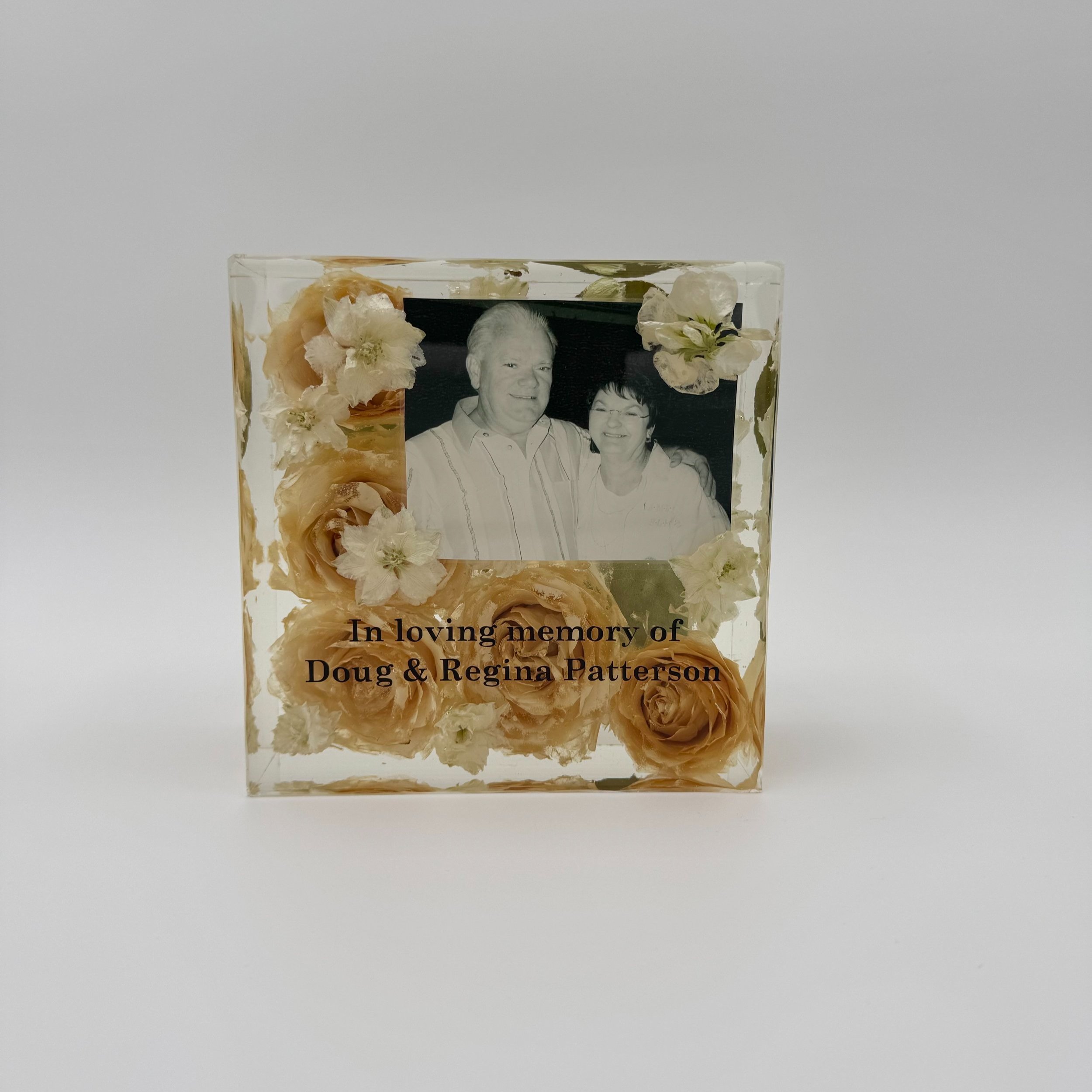 Customize your floral block by adding a picture or name, Flower preservation- preserving your wedding flowers or memorial flowers into custom resin art