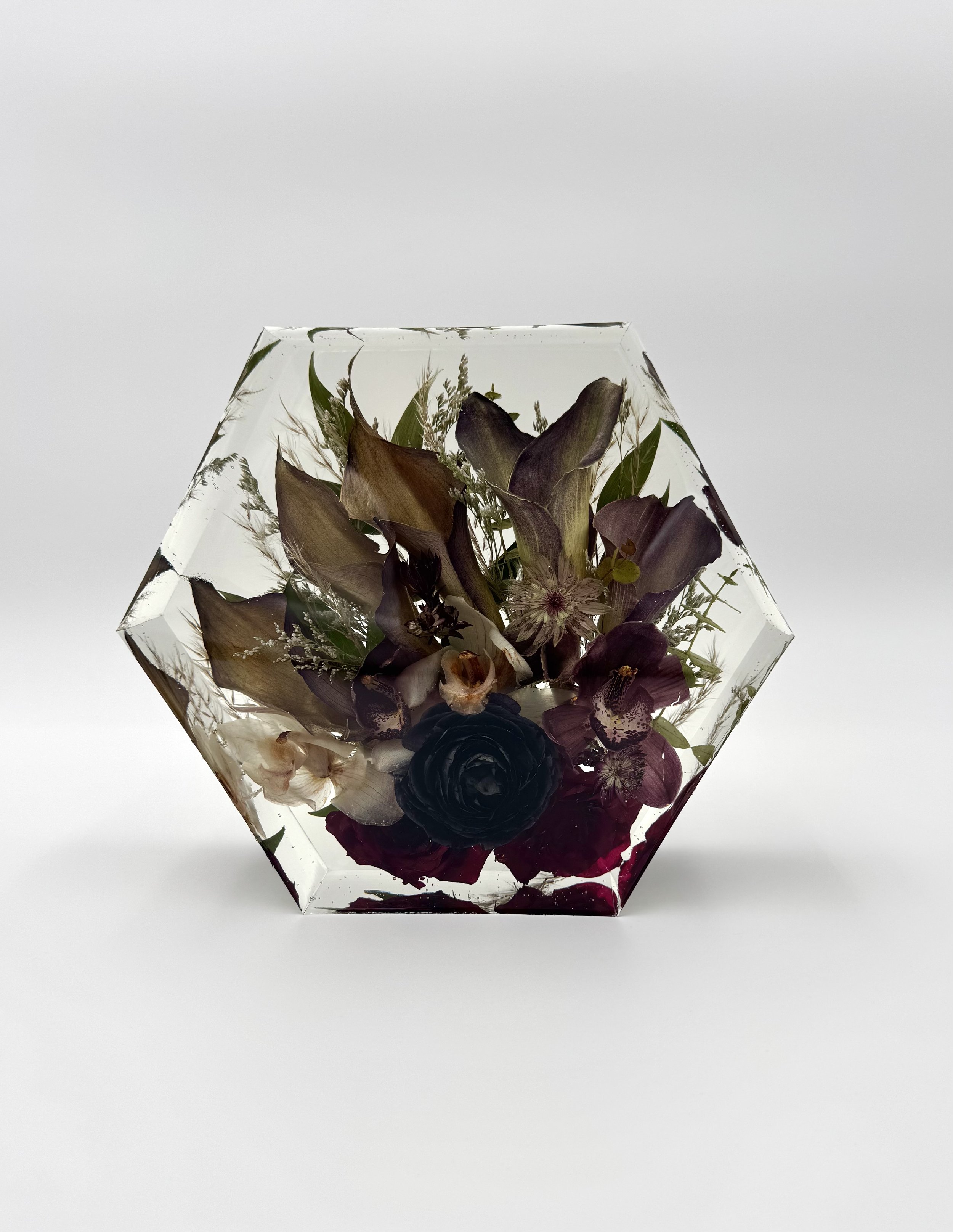 Custom floral Hexagon resin block, Indiana Flower preservation- preserving your wedding flowers or memorial flowers into custom resin art