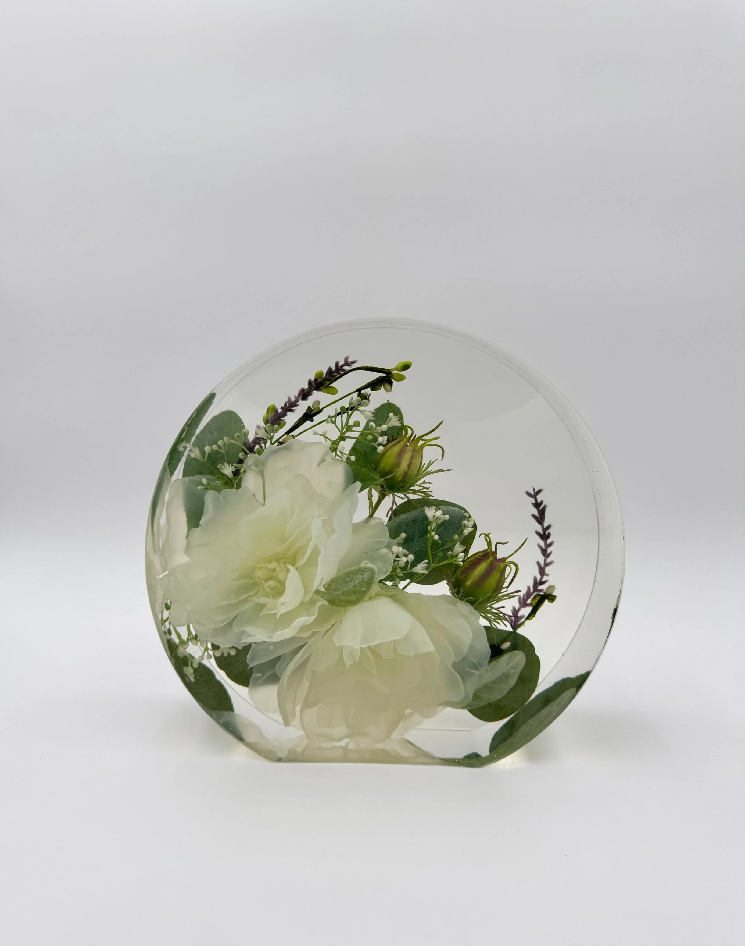 9" Custom Standing Circle resin block, Indiana Flower preservation- preserving your wedding flowers or memorial flowers into custom resin art