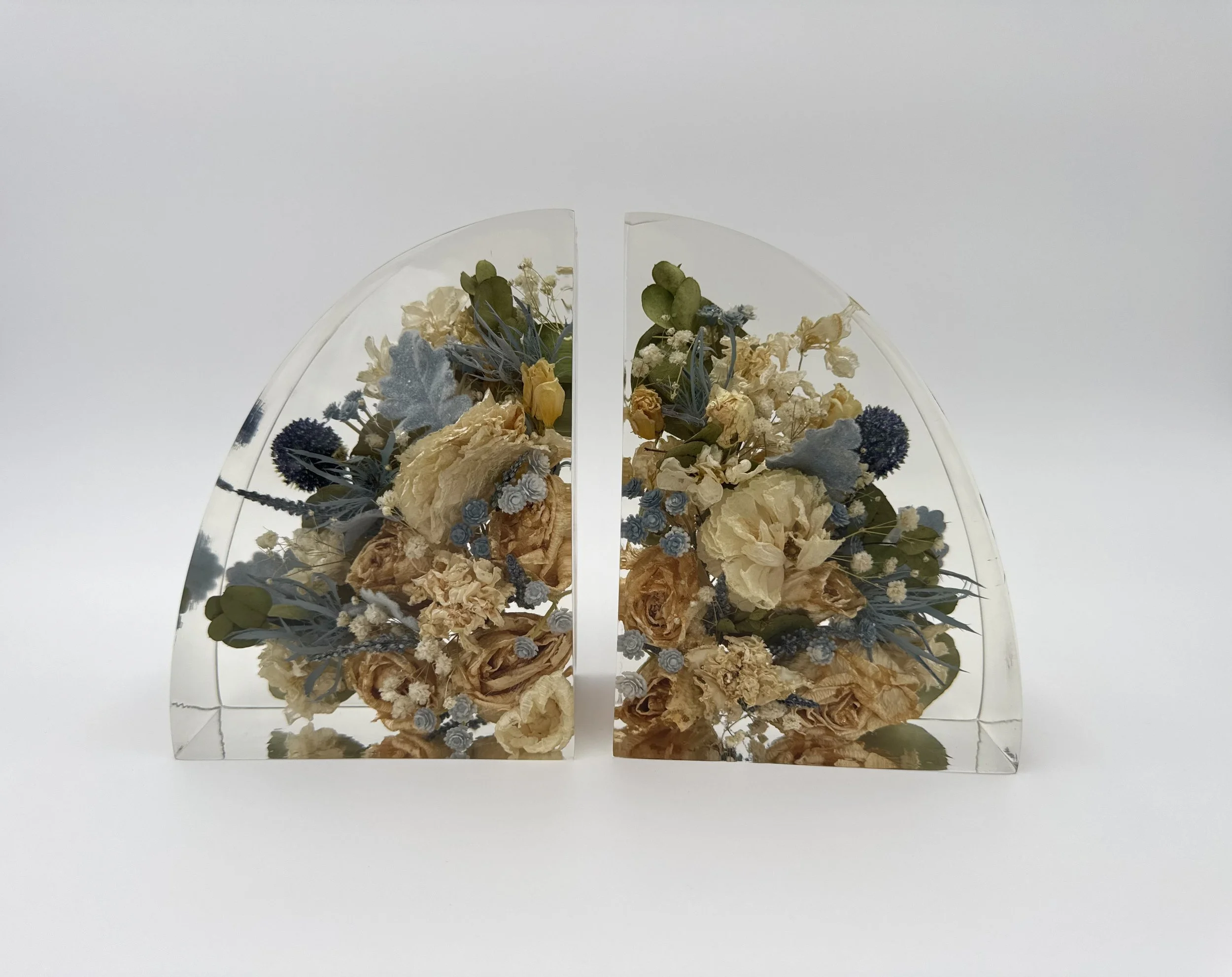 wedding flowers preserved and placed in custom bookends