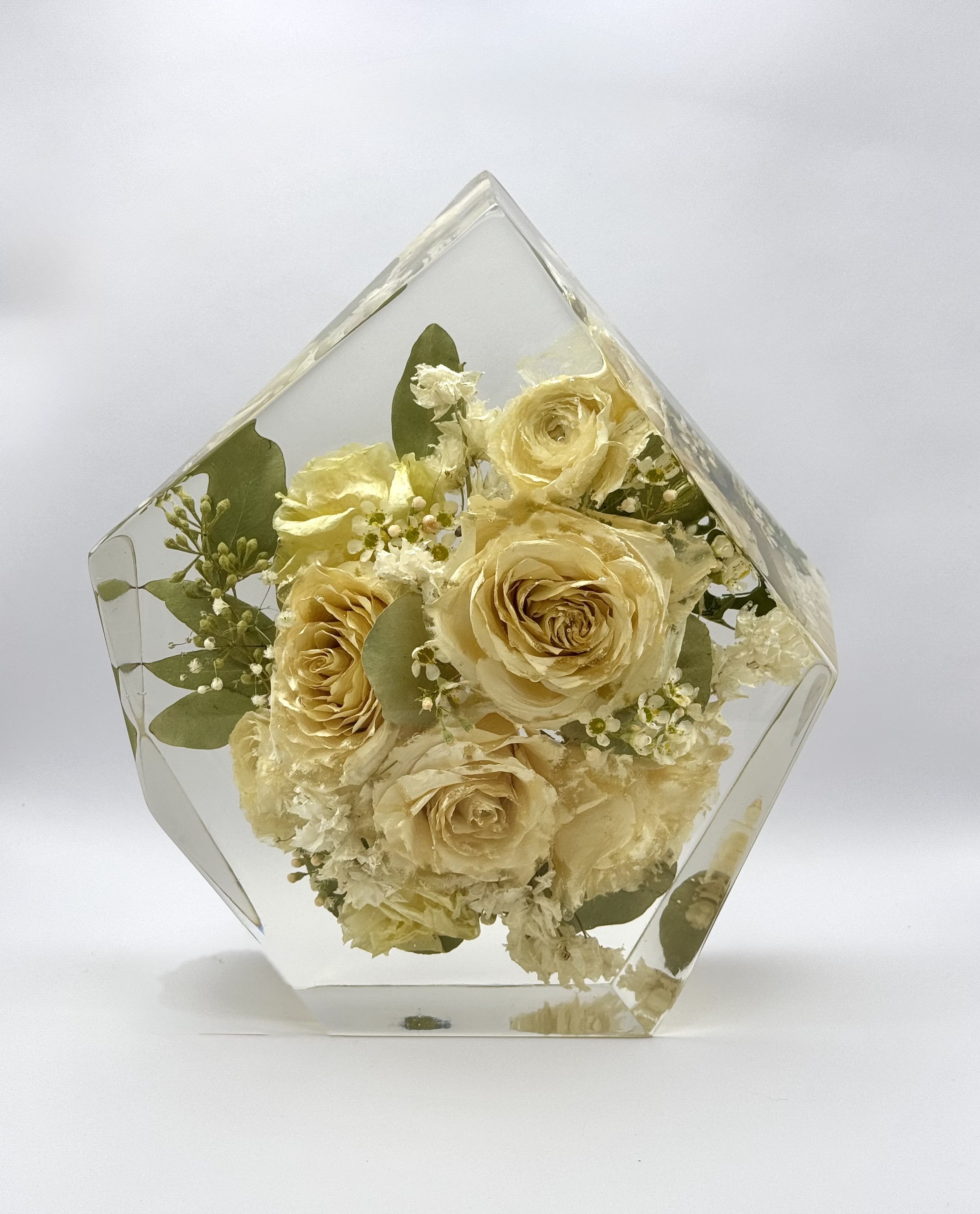 Custom floral Gem resin block, Indiana Flower preservation- preserving your wedding flowers or memorial flowers into custom resin art