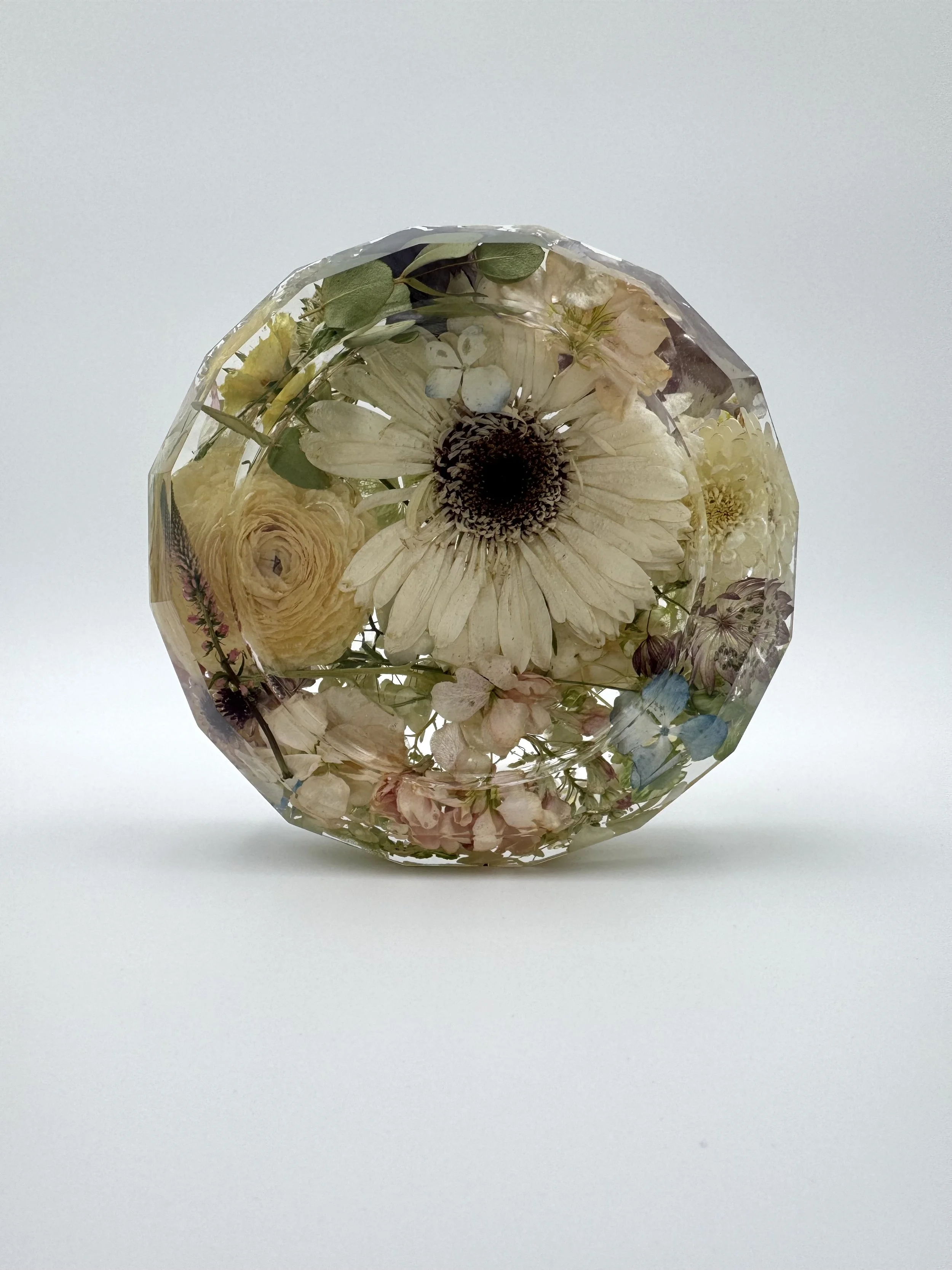Large 6" faceted jewelry dish made with preserved wedding flowers