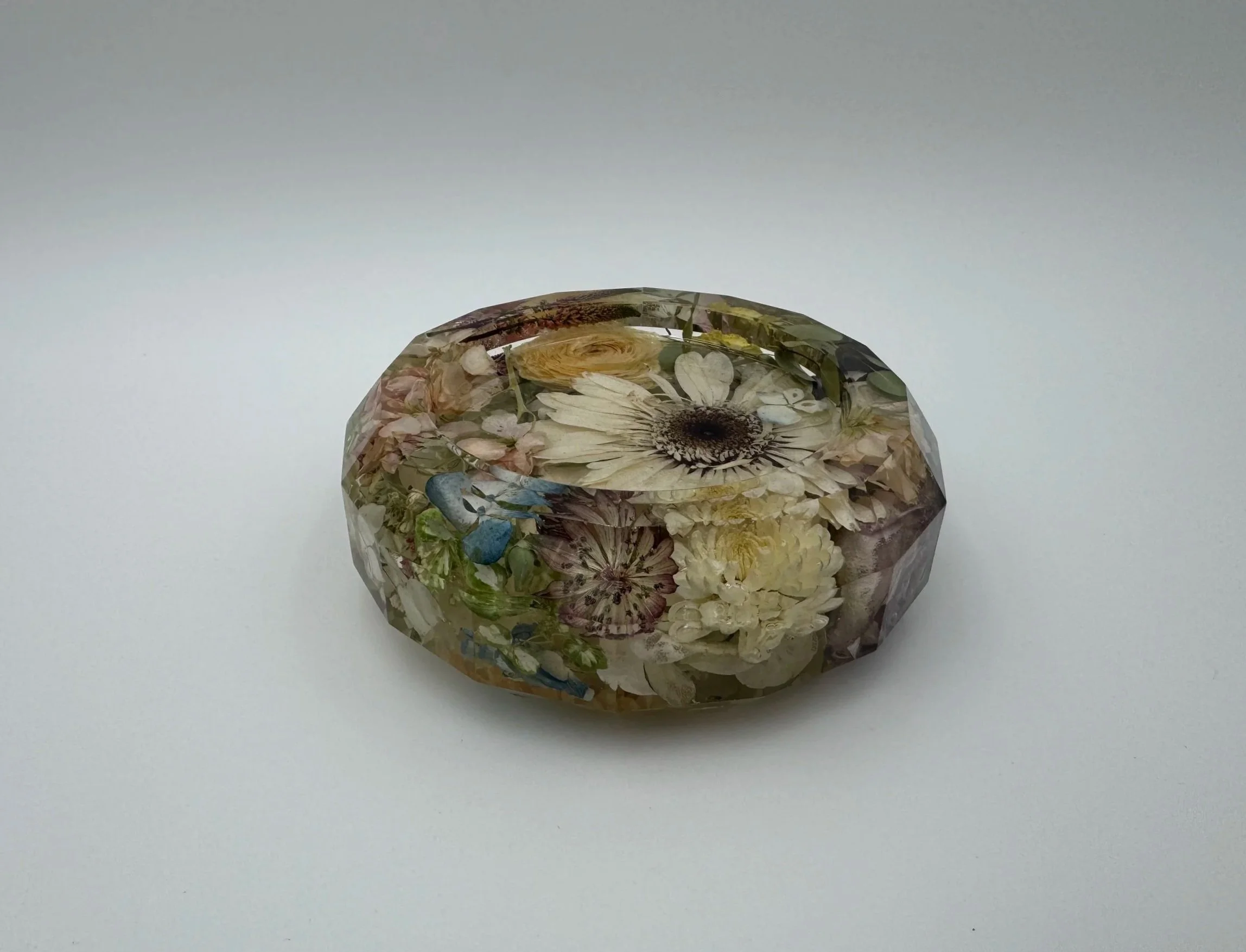 Large 6" faceted jewelry dish made with preserved wedding flowers