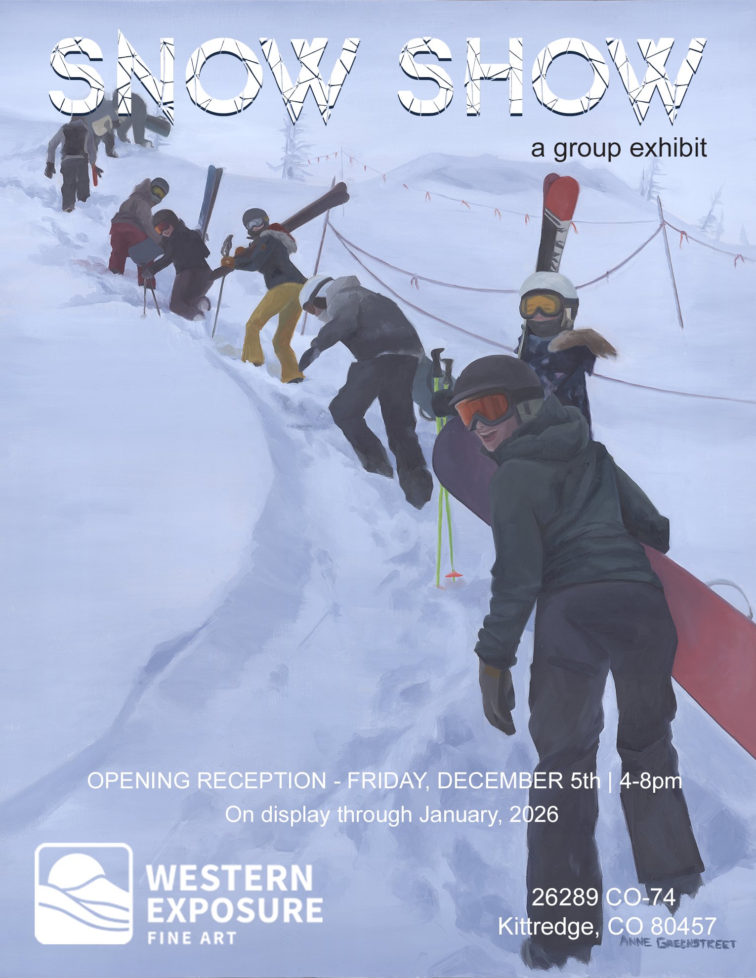 Anne's painting "You Coming?" as the poster for the Western Exposure Snow Show exhibit