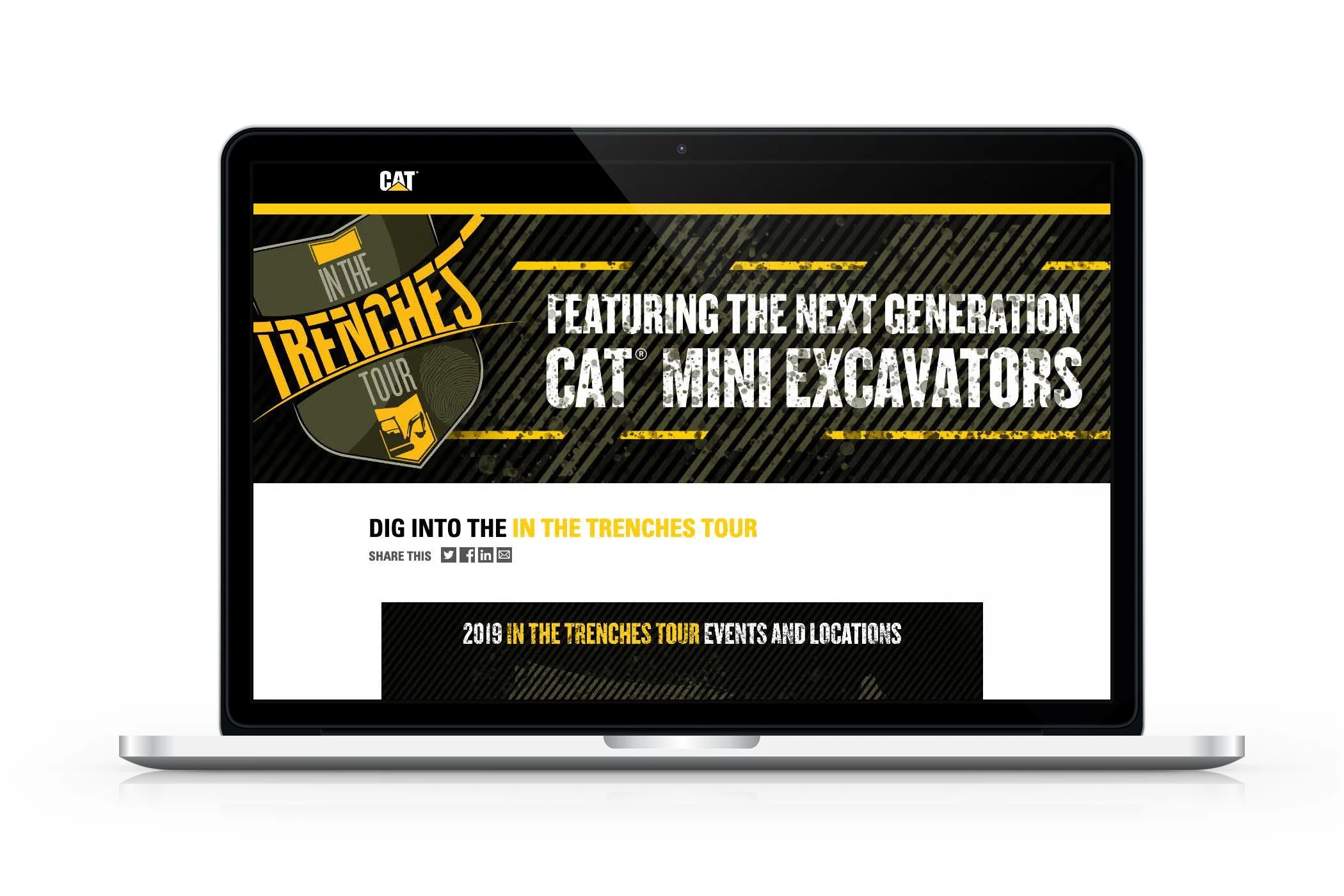 Laptop screen showing a webpage for the CAT "In the Trenches Tour" promoting next-generation mini excavators.