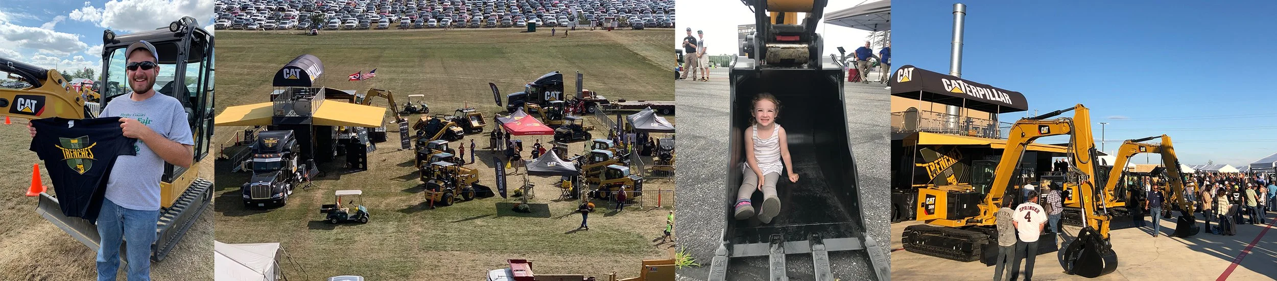 Collage of people attending a construction equipment exhibition, featuring CAT machinery.