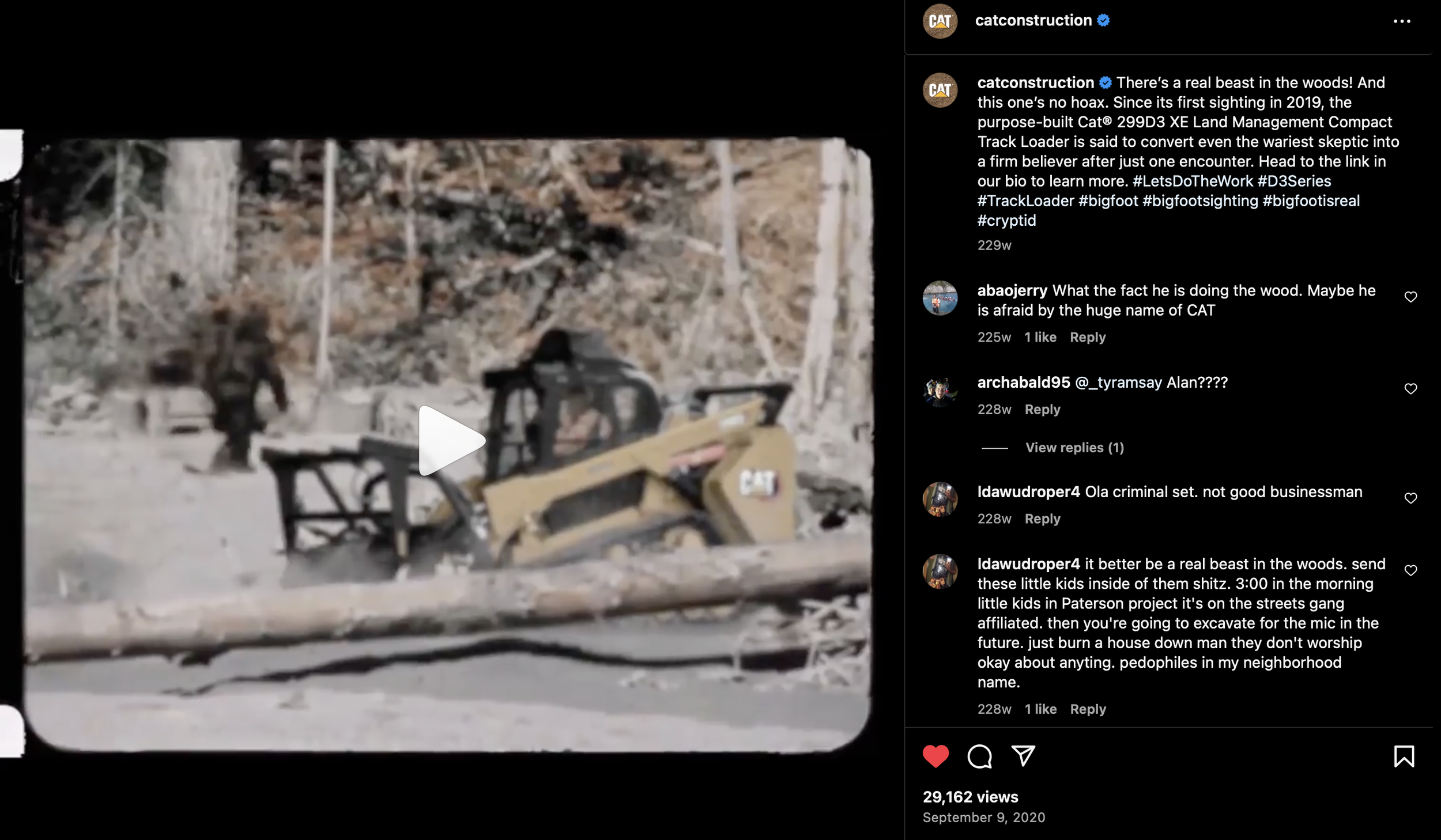 Vintage-style video of a forest area with a person in a costume resembling Bigfoot and a CAT construction vehicle. Instagram post by catconstruction with hashtags about Bigfoot and construction equipment.