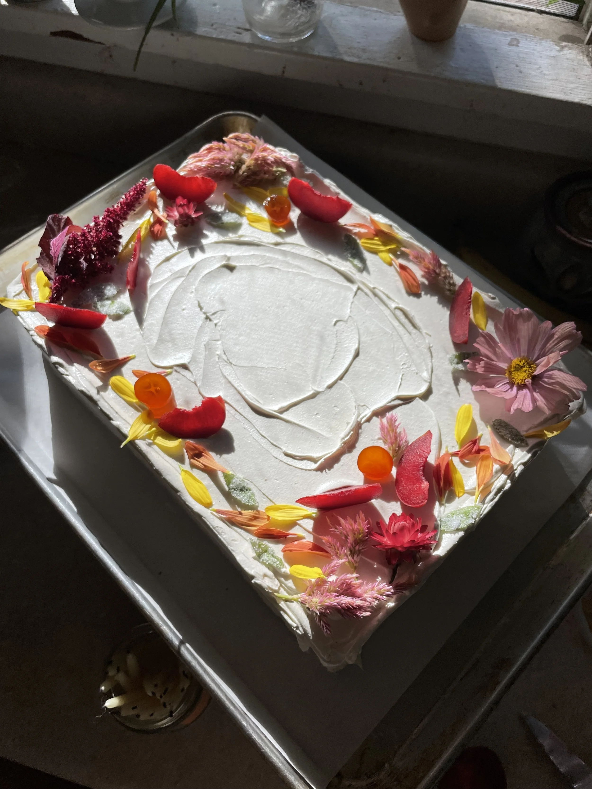 olive oil honey spelt cake / verbena custard / santa rosa plum jam / brown butter swiss meringue buttercream