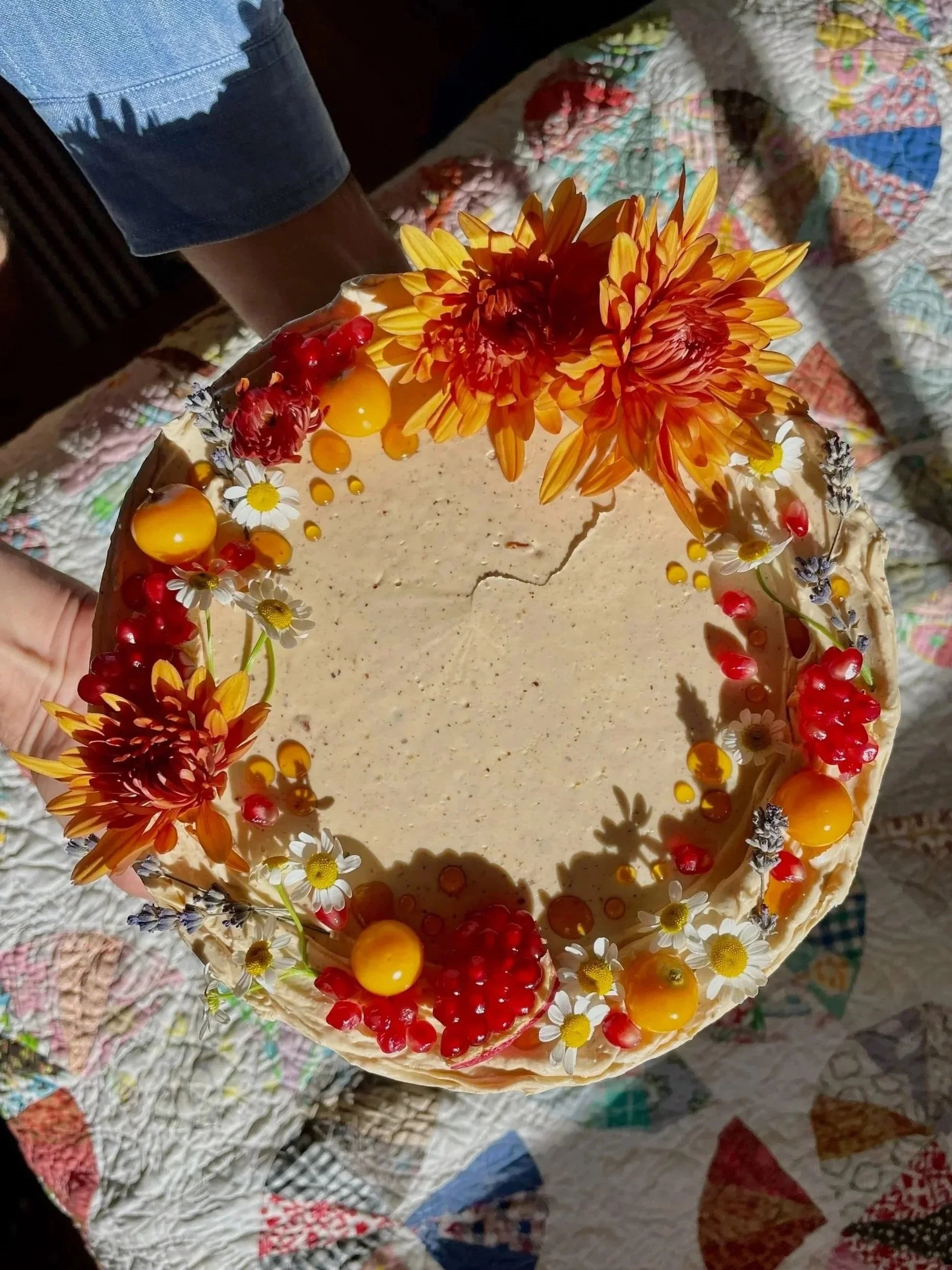 gf buttermilk cake / honey cream / almond praline swiss meringue buttercream