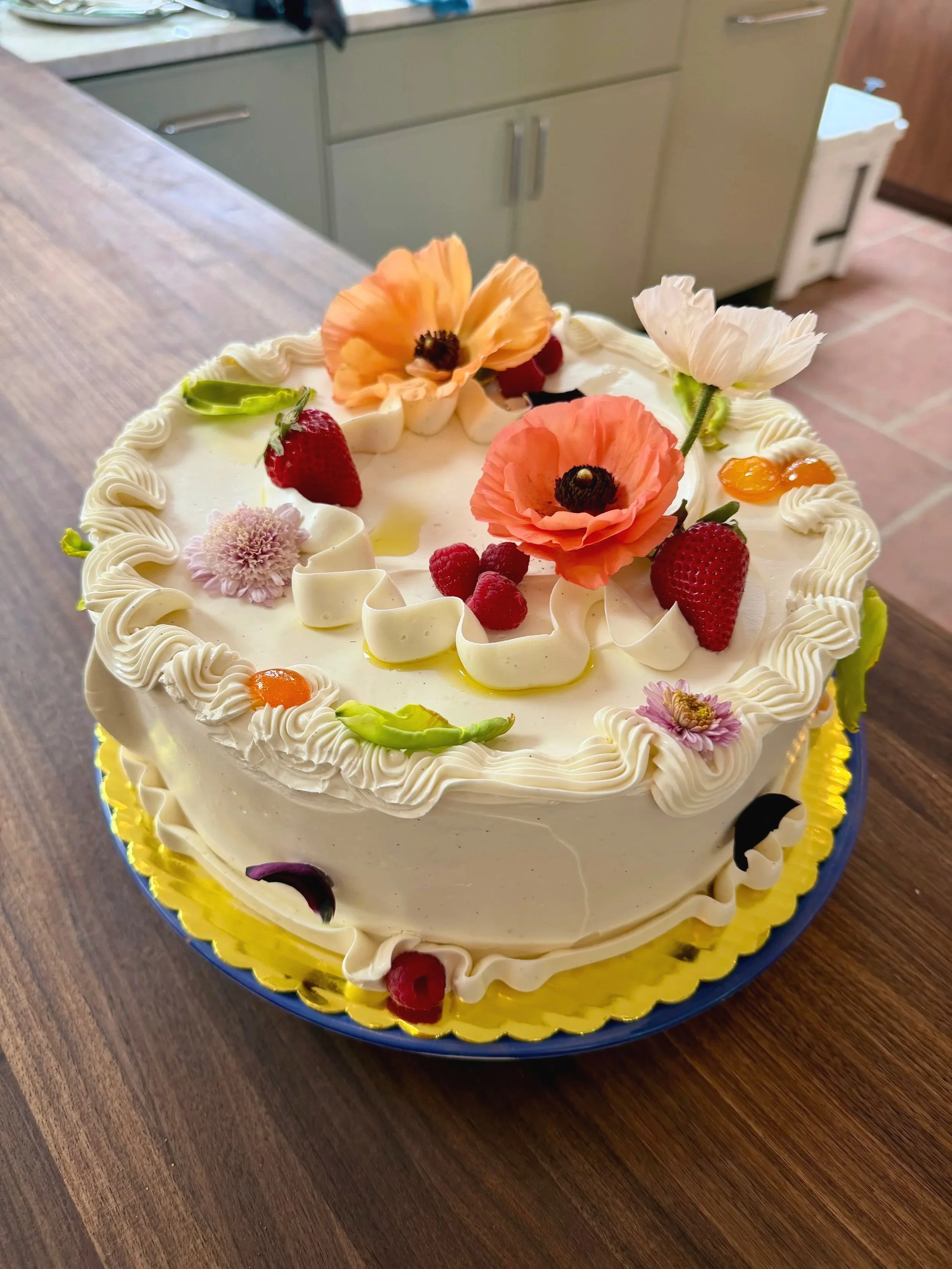 GF almond chiffon / strawberry passionfruit soak / passionfruit olive oil cream / roasted strawberries / olive oil swiss meringue buttercream
