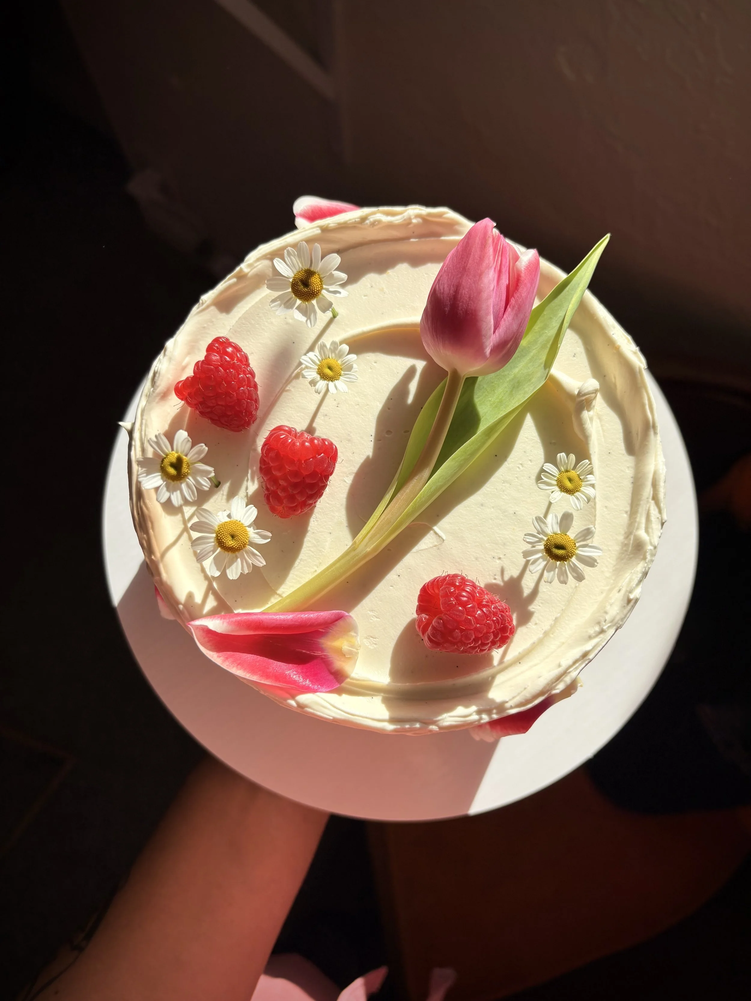 olive oil & yecora rojo chiffon / passionfruit olive oil curd / fresh raspberry / passionfruit vanilla swiss meringue buttercream