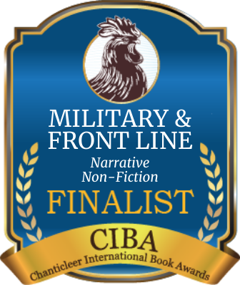 Badge featuring a lion's head, with text indicating a finalist position in the Military & Front Line Narrative Non-Fiction category at the CIBA, Chapterteleer International Book Awards.
