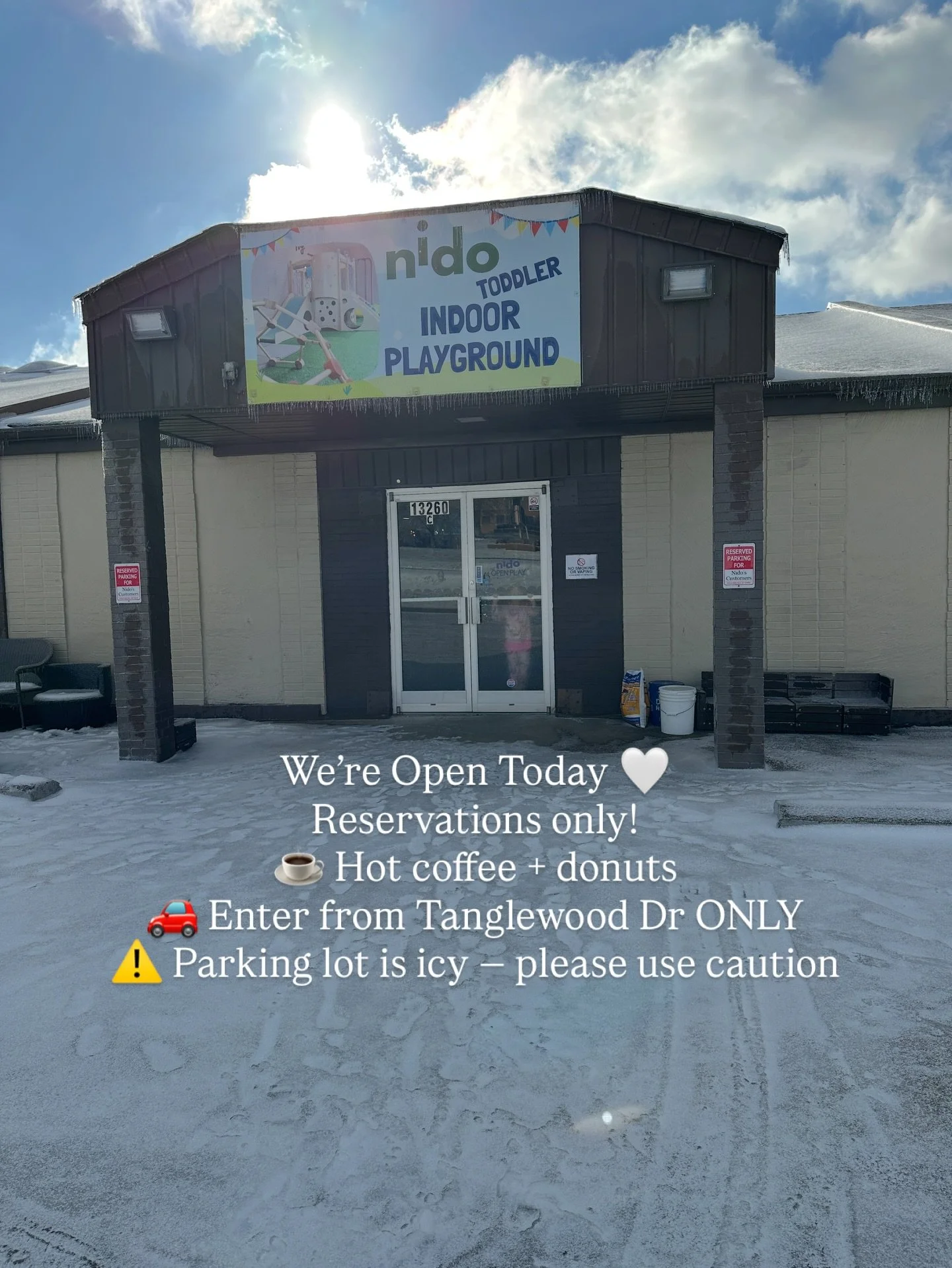 We&rsquo;re Open Today 🤍
☕ Hot coffee + donuts
👶 Play space for ages 5 &amp; under
🚗 Enter from Tanglewood Dr ONLY
⚠️ Parking lot is icy &mdash; please use caution