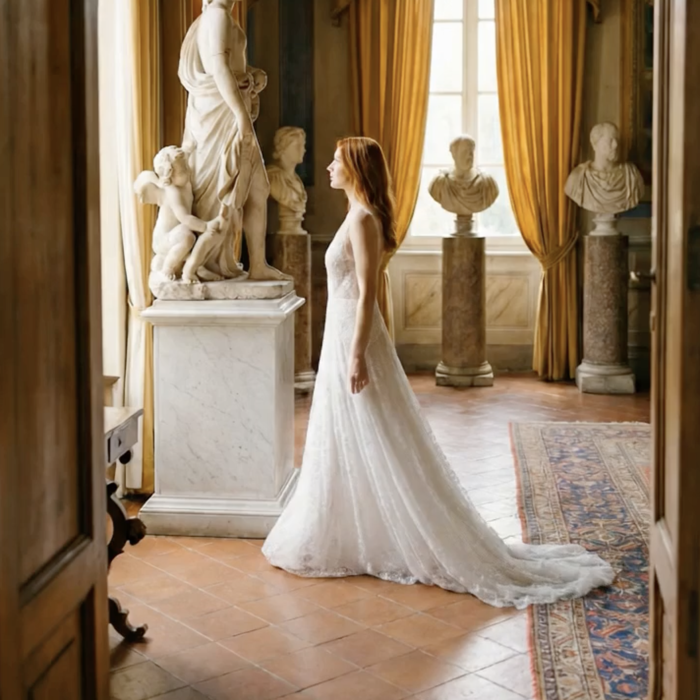 A woman in a wedding dress standing in a historical art gallery, facing a marble statue of a woman with a child, with ornate drapes and bust sculptures in the background.