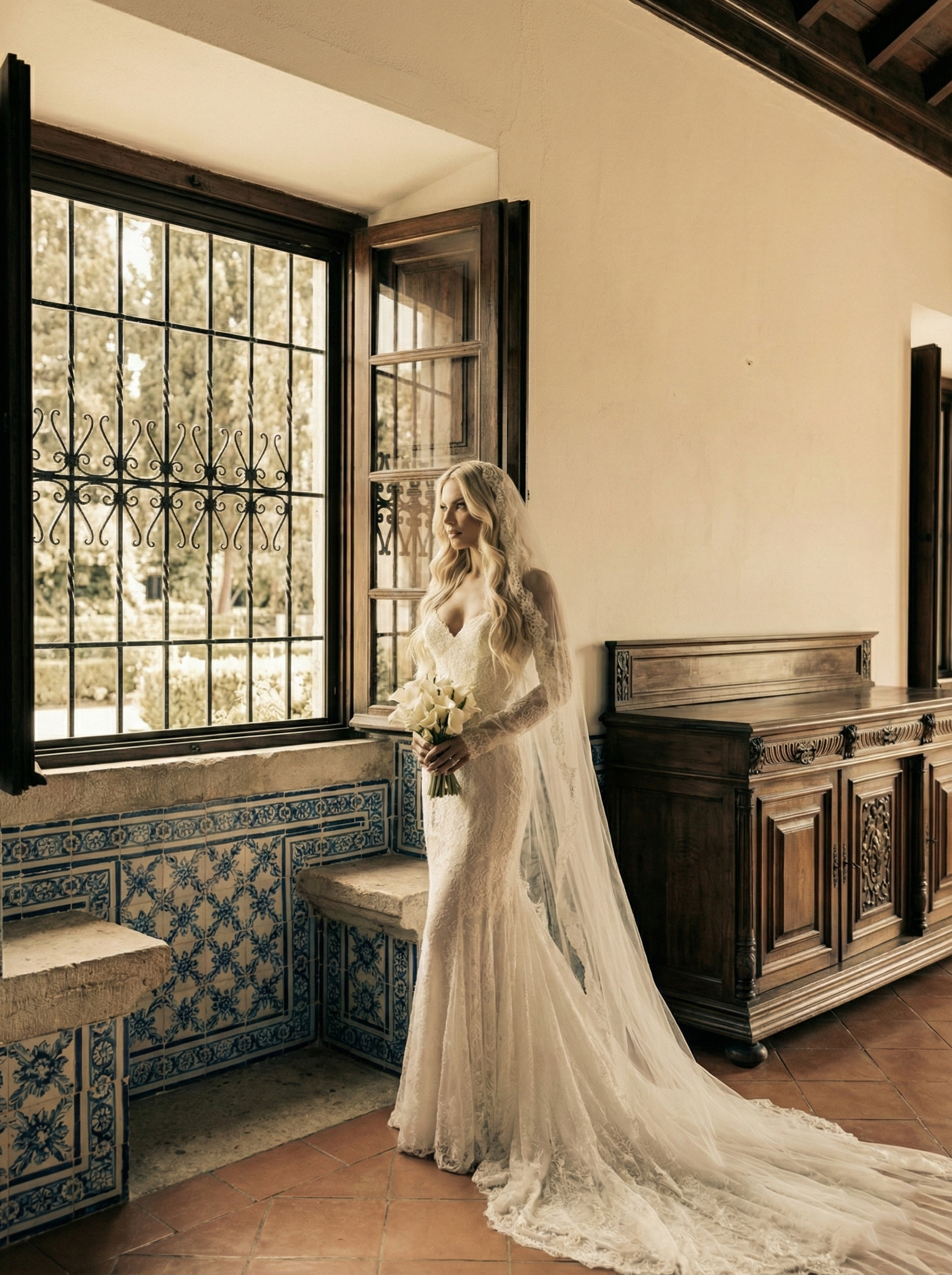 A bride in a lace wedding dress holding a bouquet of white flowers, standing by an open window with black iron bars, looking outside in a room with wooden furniture and tiled walls.