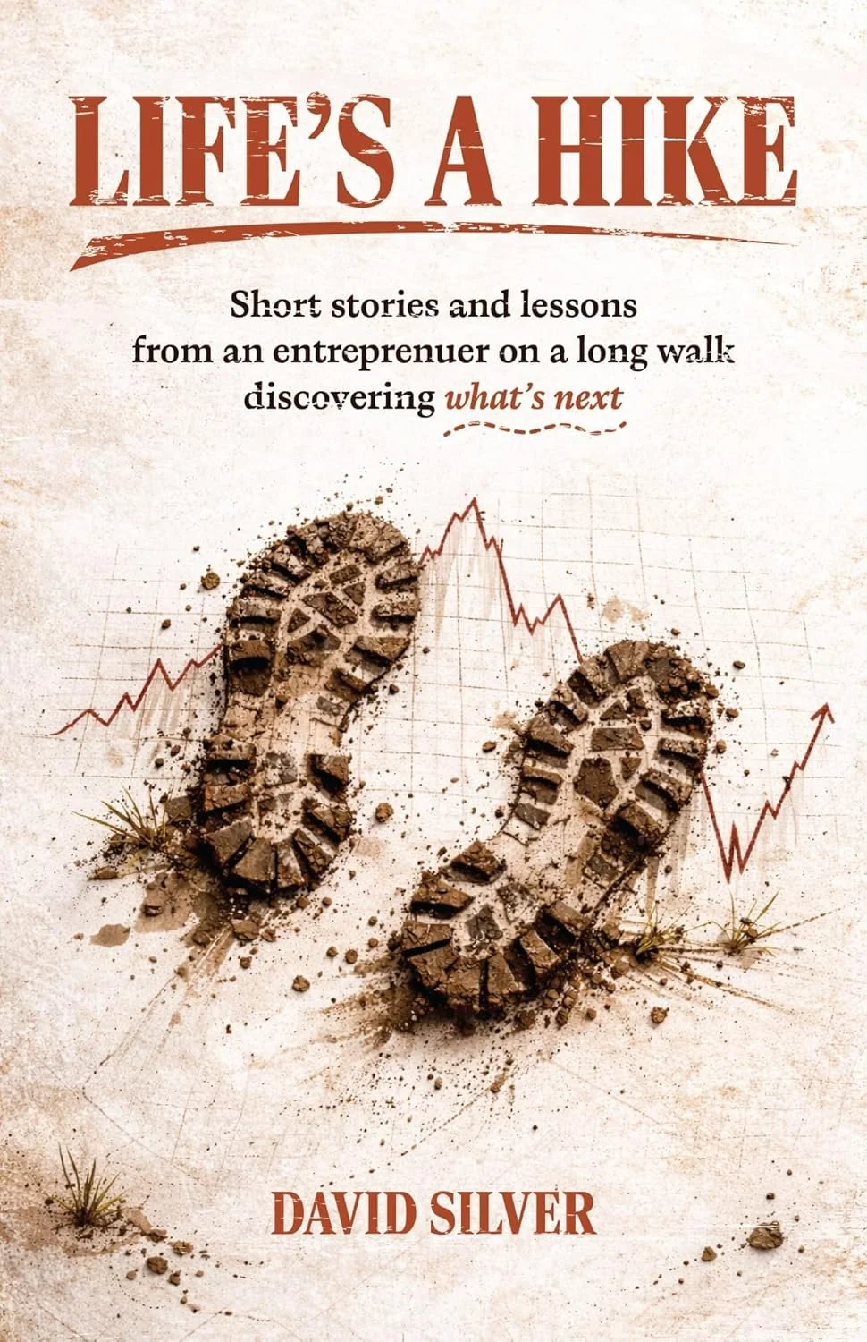 Book cover titled "Life's A Hike" by David Silver featuring muddy hiking boots on a graph with an upward trend, representing a journey of lessons and stories from an entrepreneur.
