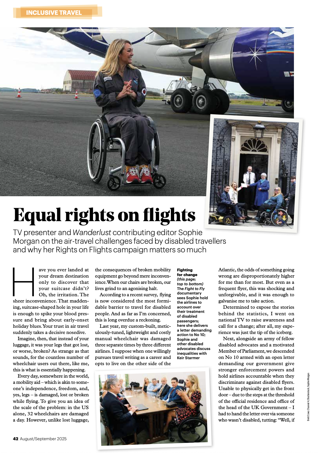 A woman in a wheelchair on an airport tarmac next to an airplane, smiling and clapping. Inset photo shows people, some in wheelchairs, standing outside a government building, engaging with a man in a suit.