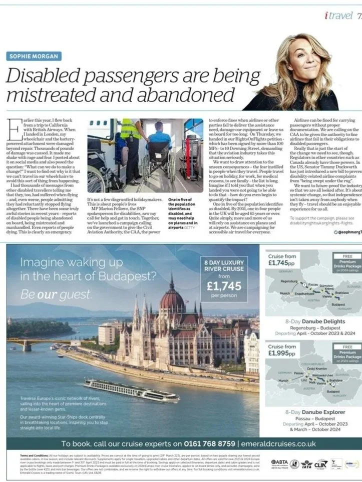 Advertisement featuring a cruise trip to Budapest, showcasing the Hungarian Parliament Building and river with a boat; includes details about 8-day river cruise packages and pricing, with a map of Hungary and Budapest.