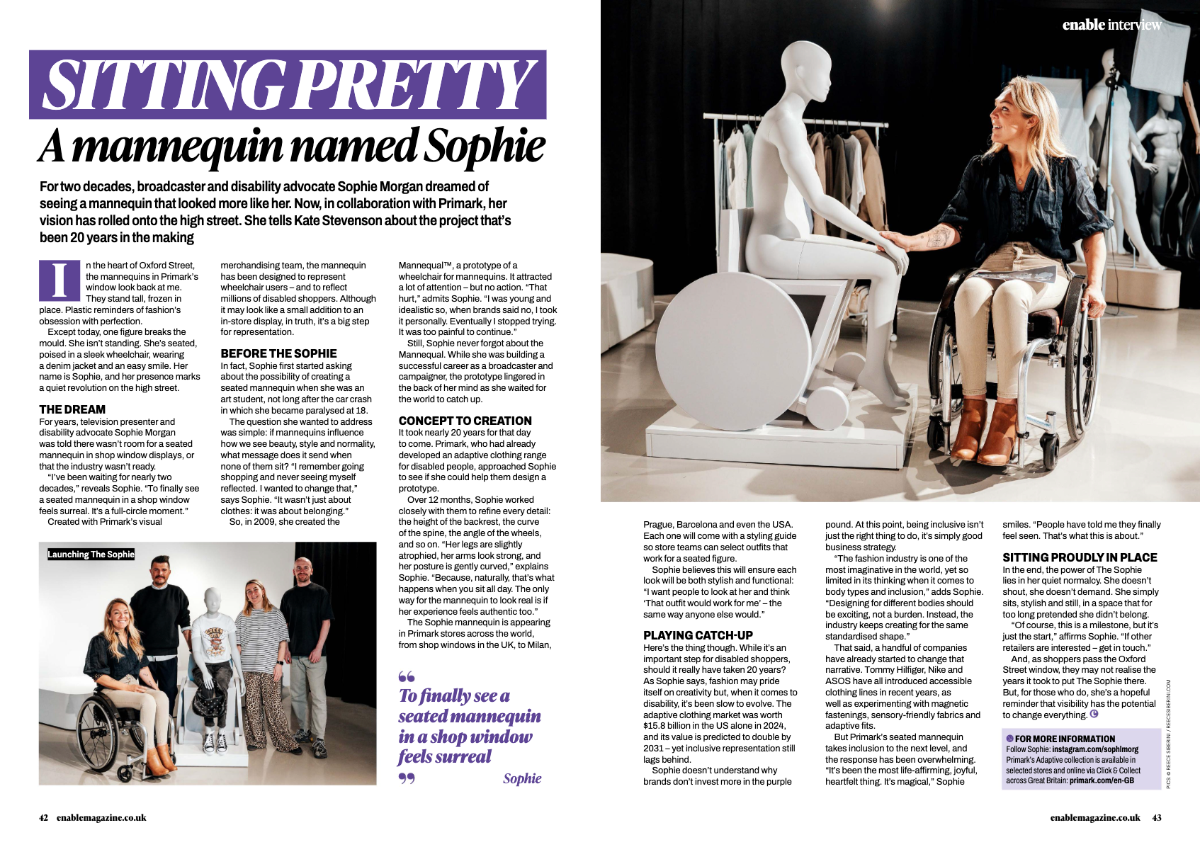 Image of a magazine article titled "Sitting Pretty: A mannequin named Sophie" showing a woman in a wheelchair shaking hands with a seated mannequin in a fashion store, with mannequins and clothing racks in the background.