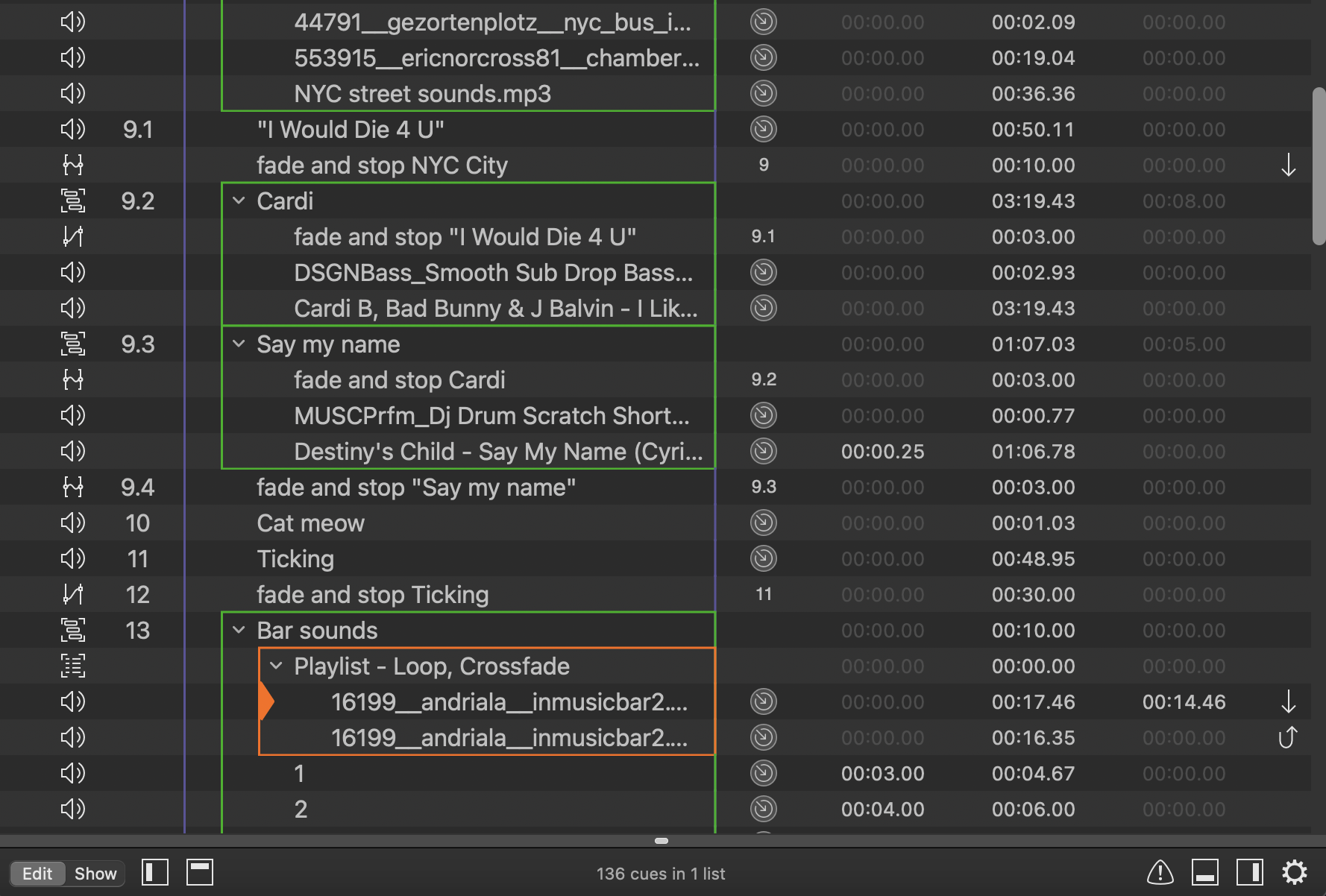 A screenshot of an audio editing software interface showing a list of audio tracks with track names like 'NYC street sounds.mp3,' 'I Would Die 4 U,' and playlists such as 'Loop, Crossfade.' The interface includes controls and time indicators.