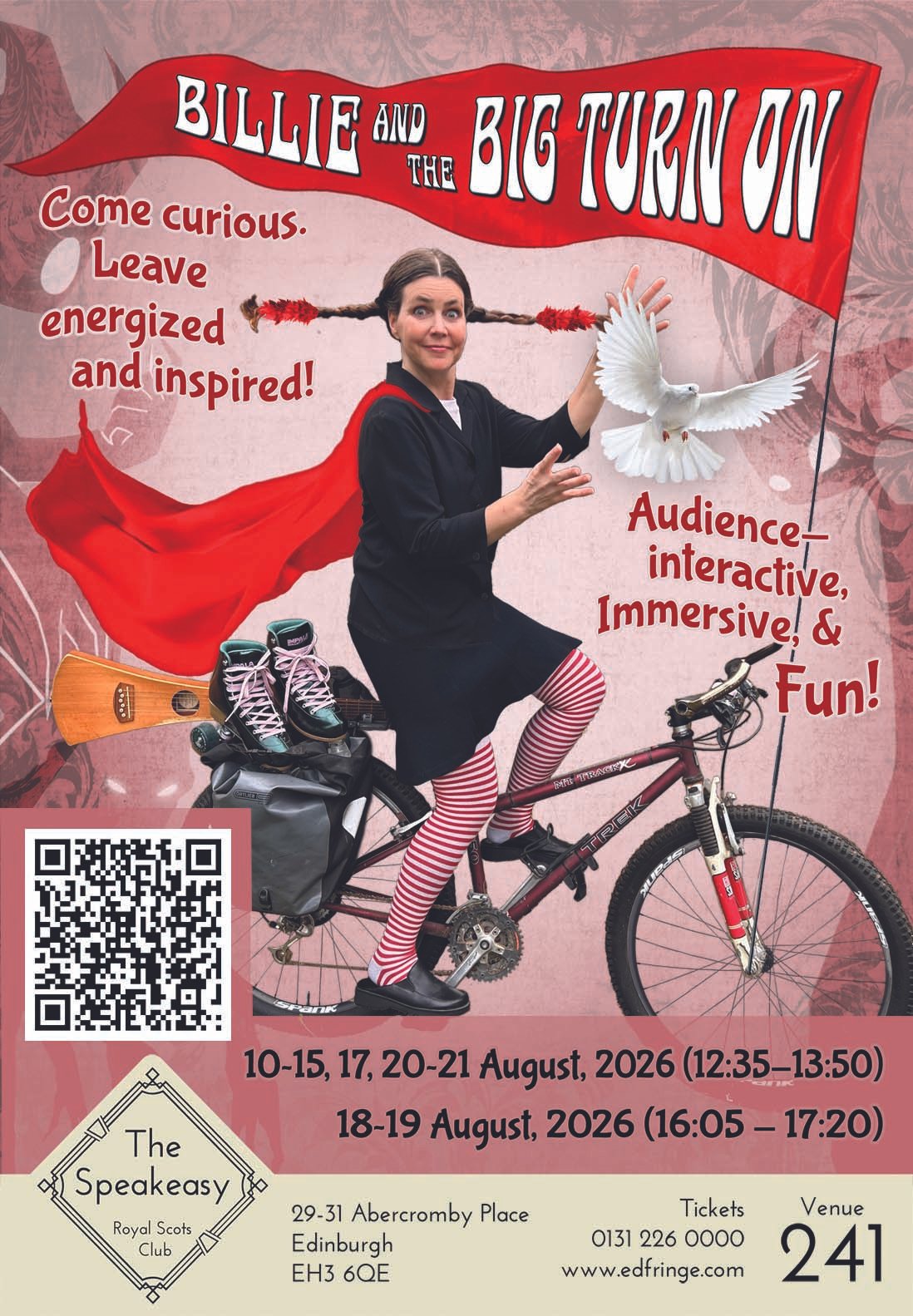 Poster for a theatrical performance of 'Billie and the Big Turn On' at The Speakeasy, Royal Scots Club, Edinburgh. Features a woman with braided hair, riding a pink mountain bike with a small guitar, wearing striped leggings and a black dress. The background has red and pink tones with text promoting the show dates, times, and ticket information, along with a QR code.