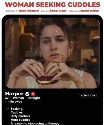 A woman with dark hair and light skin holding a sandwich, looking serious, in a scene resembling a social media profile.