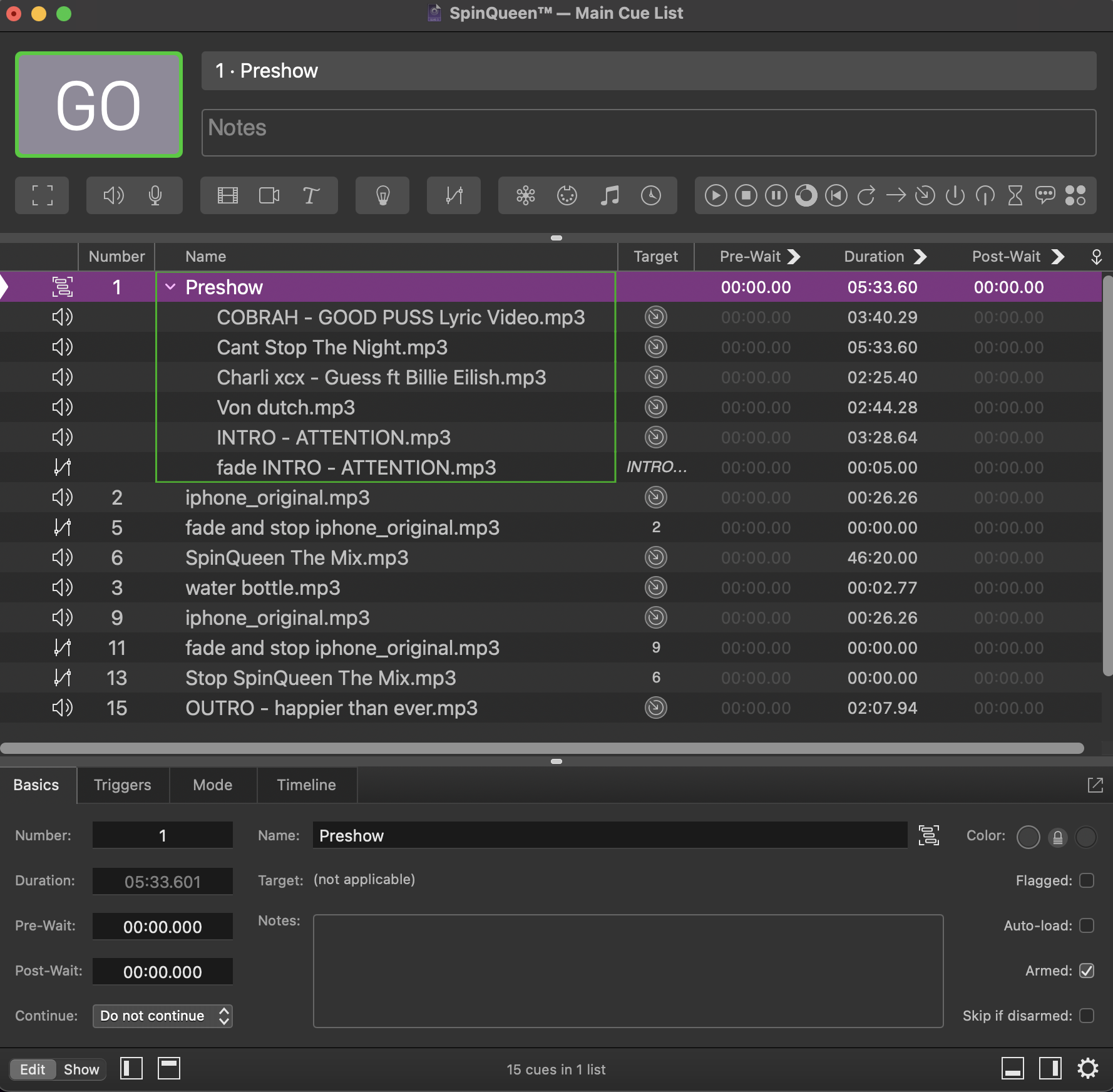 Screenshot of a DJ cue list software with multiple audio tracks, including lyrics and music titles, organized with cues, durations, and notes for a music performance.