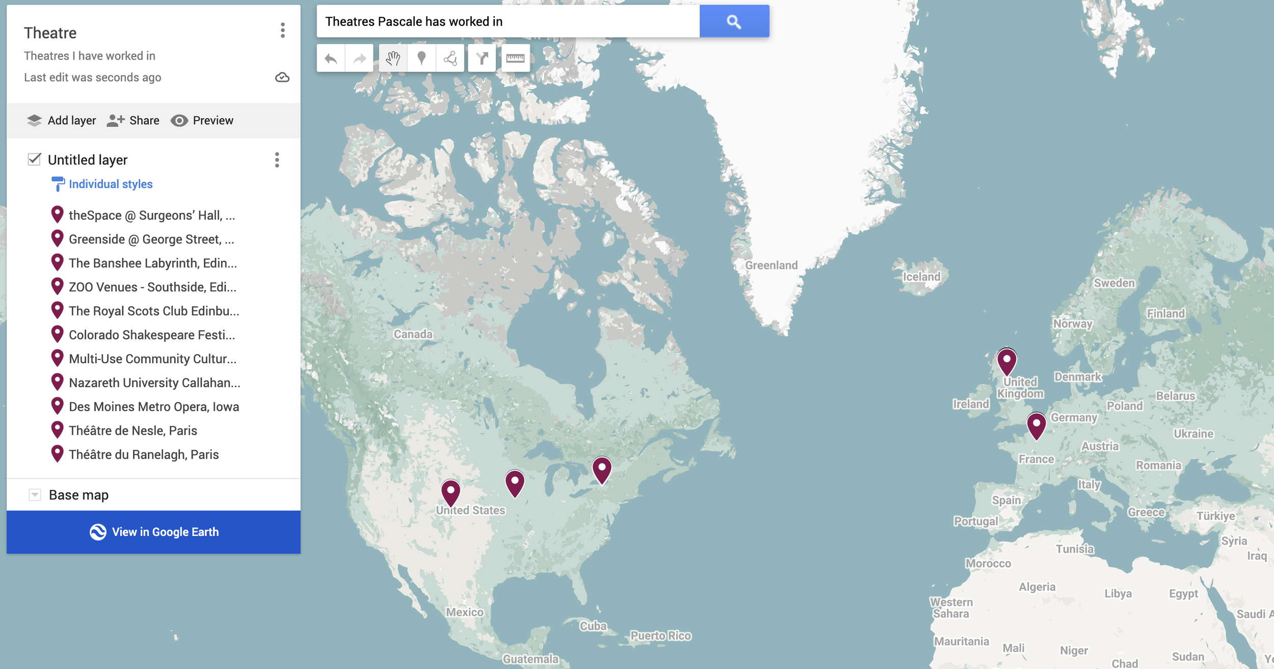Map showing locations of theaters in different countries, including the United States, United Kingdom, and France.