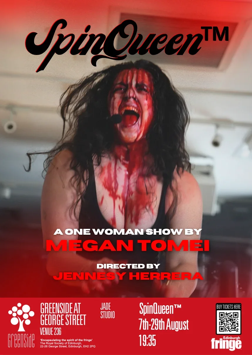Poster for a one-woman show titled "Spin Queen" by Megan Tomei, directed by Tennesy Herrera, featuring a woman with long dark hair, blood on her face and chest, screaming into a microphone, against a red-toned background.