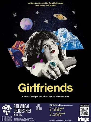 Poster for a play called 'Girlfriends' featuring a woman with curly hair, moon, stars, planets, and a mountain background.