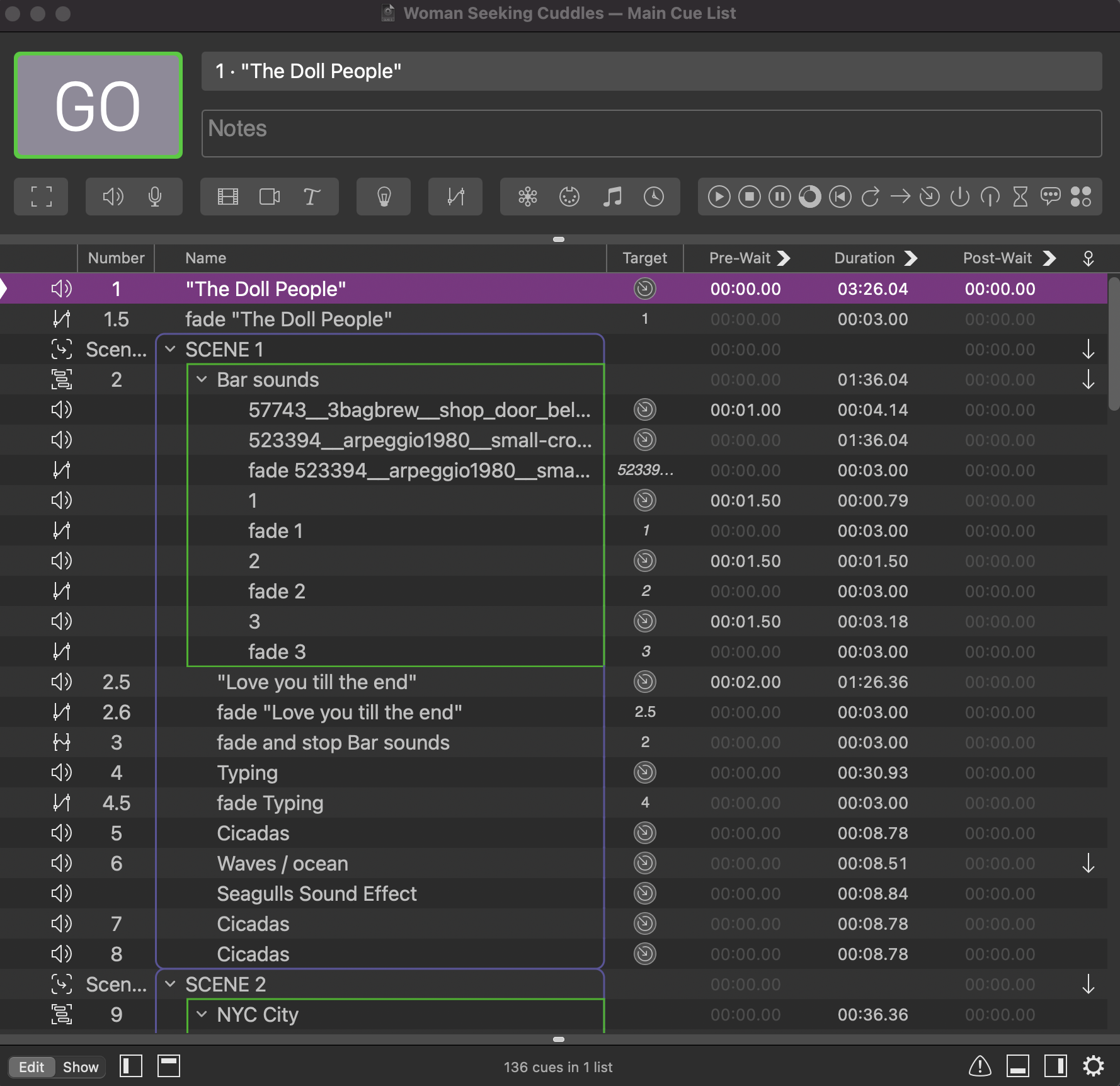A digital audio editing software interface displaying a cue list with various sound cues for a production titled "Woman Seeking Cuddles — Main Cue List." The list includes cues such as "The Doll People," "Love you till the end," and sound effects like ocean waves and cicadas. The interface shows tracks, waveforms, and settings for each cue.