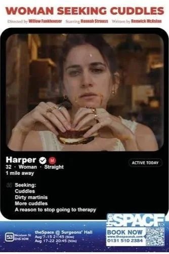 A woman with dark hair and multiple rings on her fingers, holding a burger, with a serious expression. The screen overlay shows her seeking cuddles, with details about her age, location, and reasons for seeking cuddles.