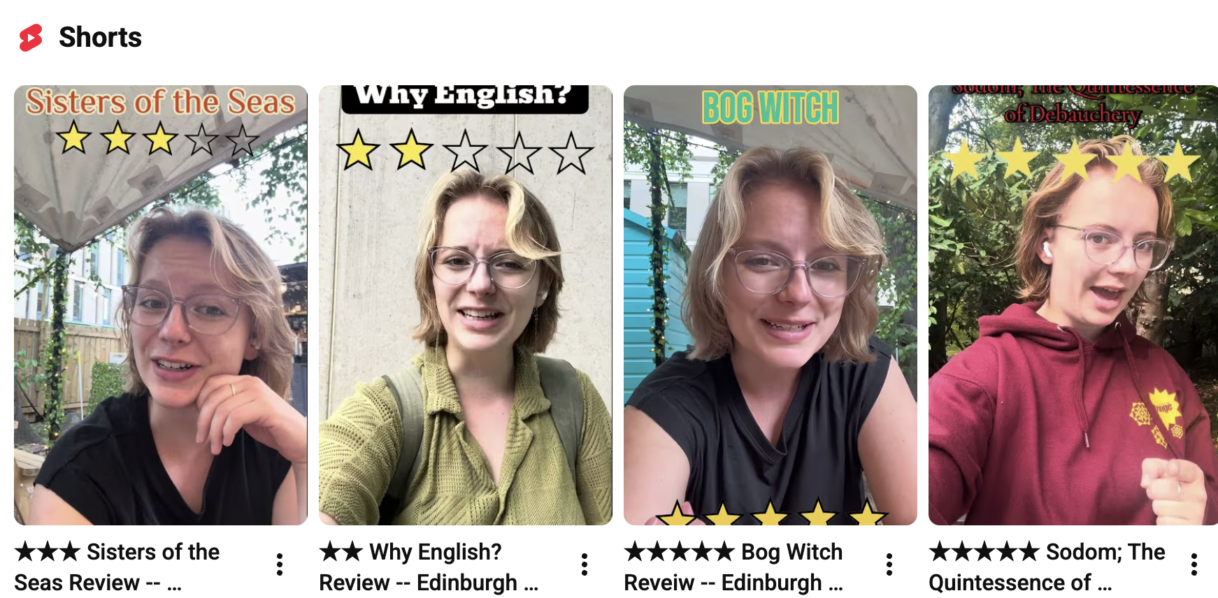 Screenshots of four women, each with a review rating, in different outdoor settings, with titles and star ratings overlaid on the images.