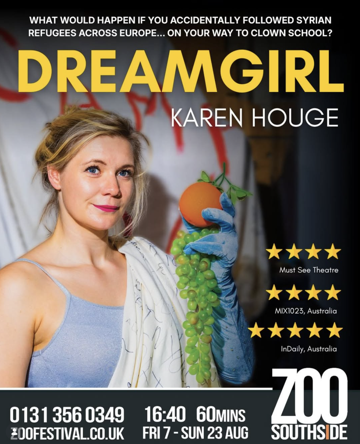 Book cover for the play "Dreamgirl" by Karen Houge featuring a woman with blonde hair, wearing a light blue top and holding a bunch of green grapes and an orange sphere, with theater ratings and event details on a black background.