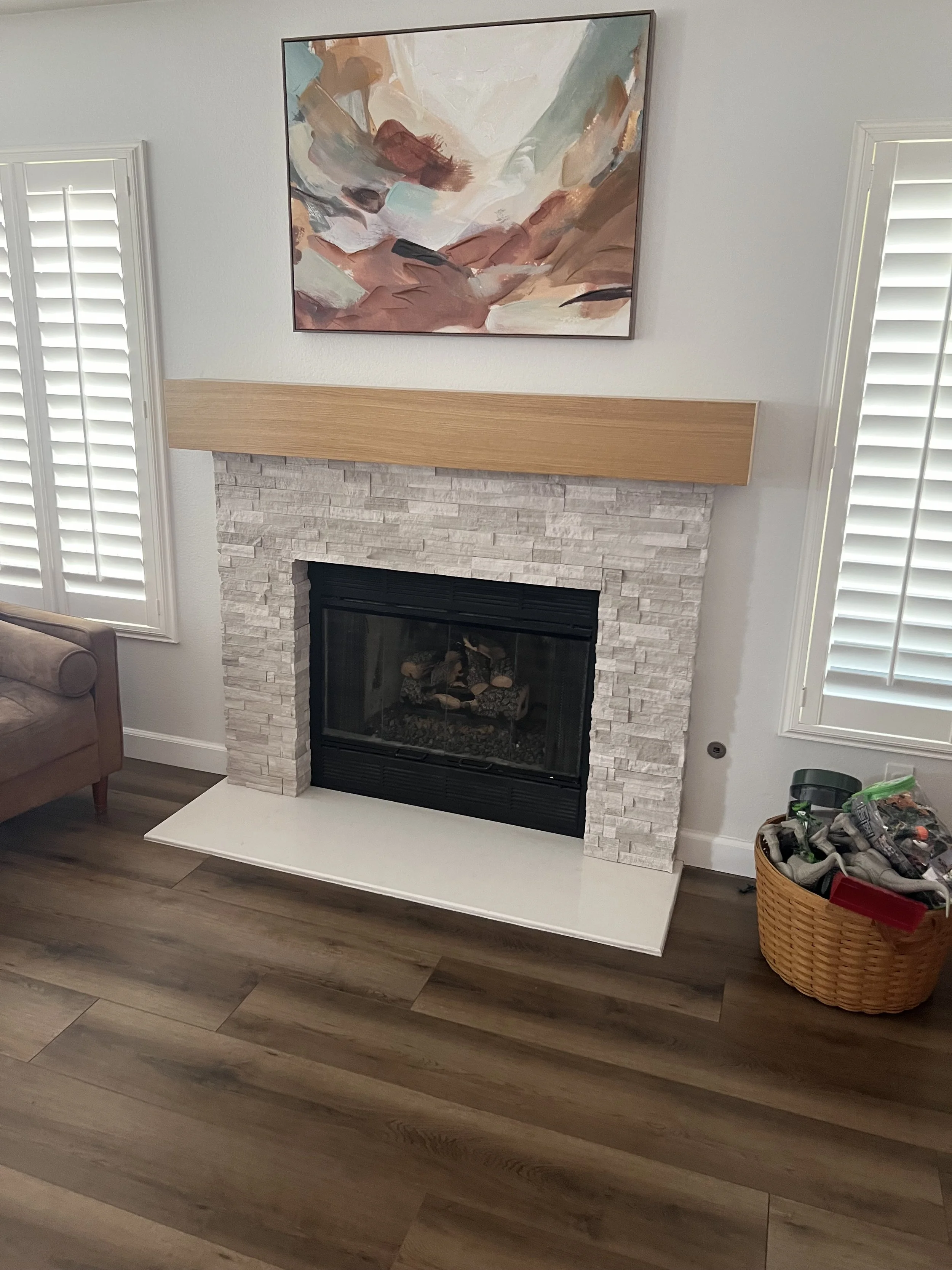 Garcia Hearth, mantle, stacked stone