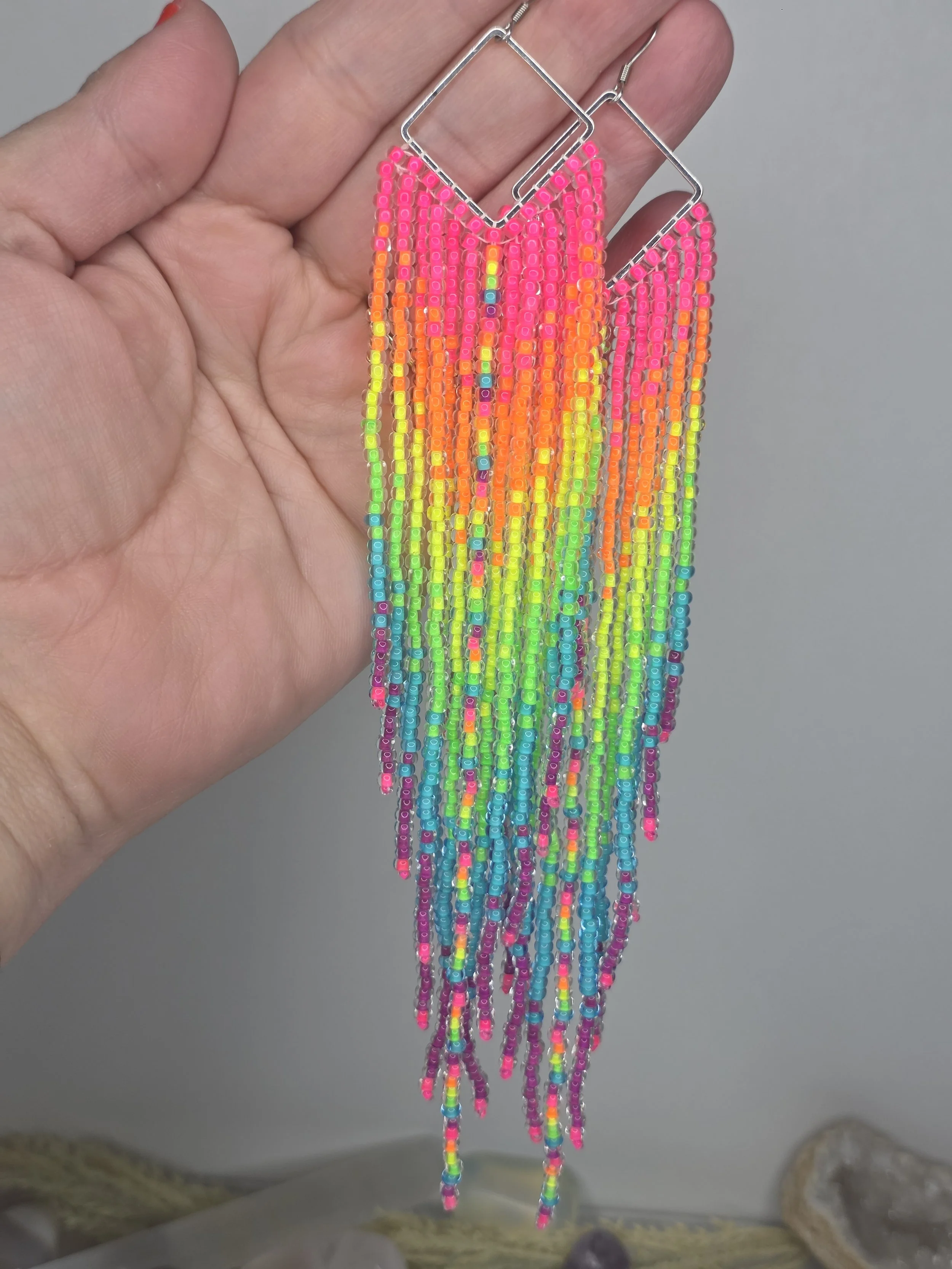 Long Ombre Rainbow Beaded Fringe Earrings