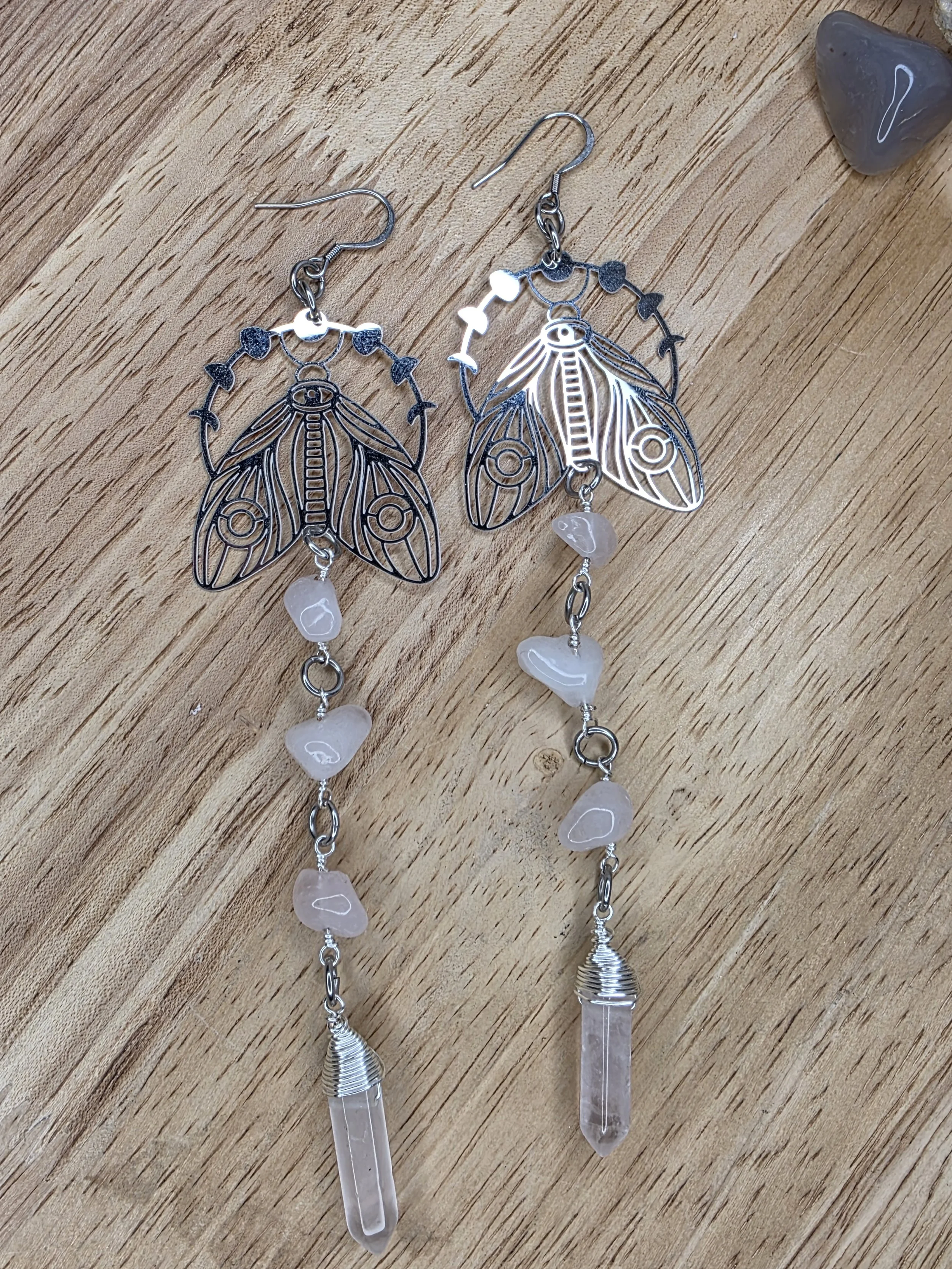 Rose Quartz Lunar Moth Earrings