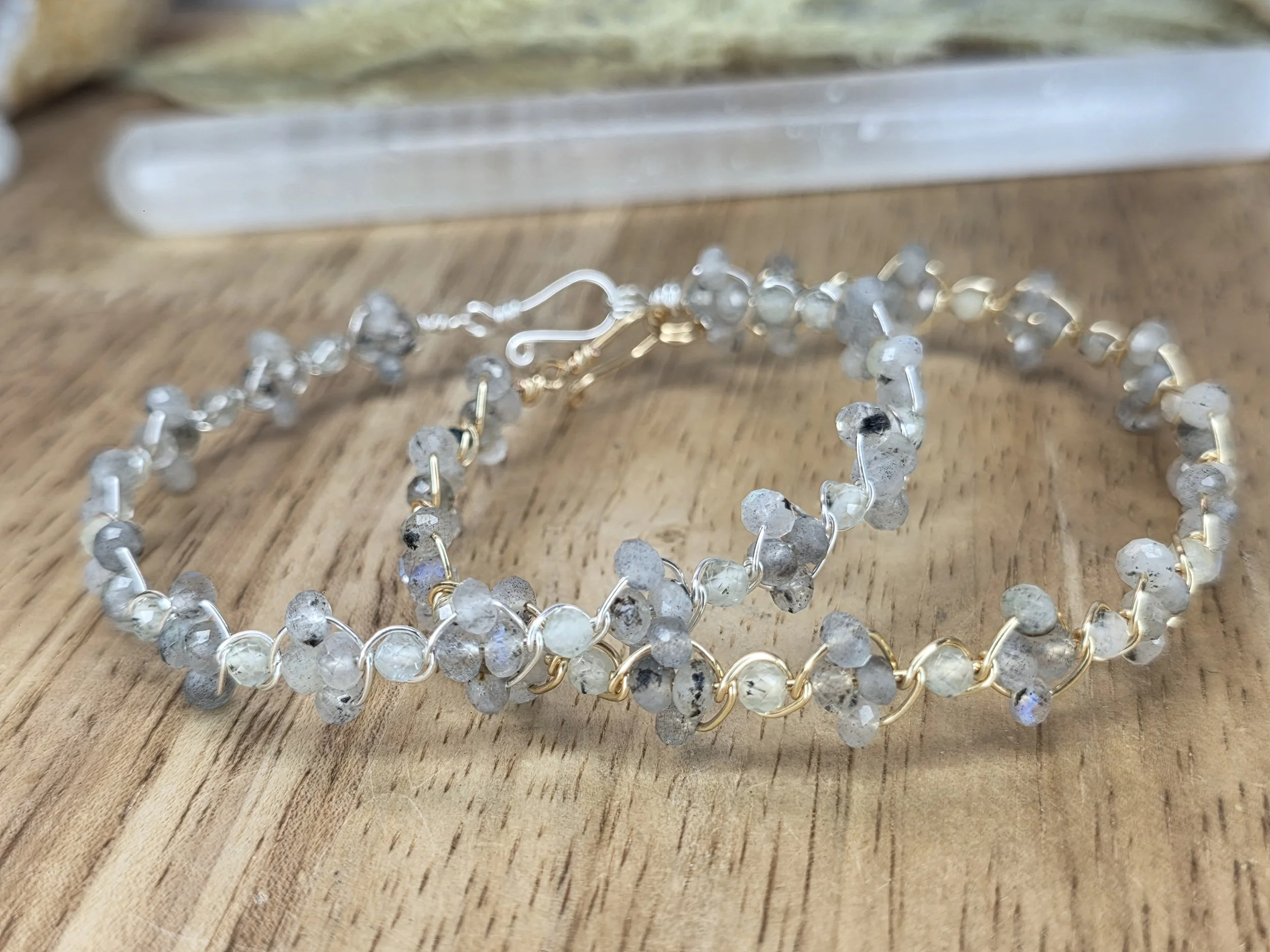 Labradorite and Prehnite Wirewrapped Bracelet, Choose Between Silver or Gold