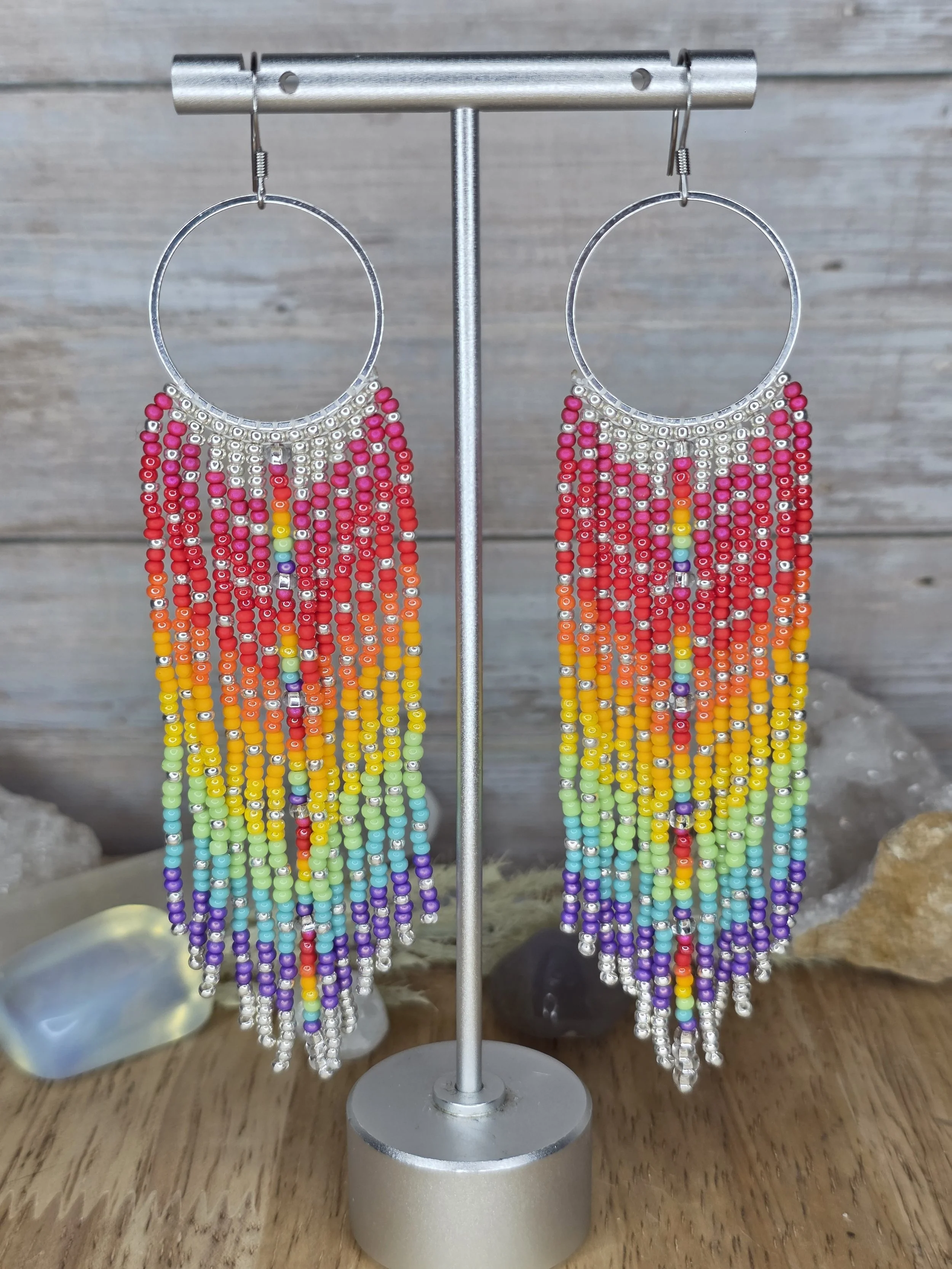 Rainbow Beaded Fringe Earrings