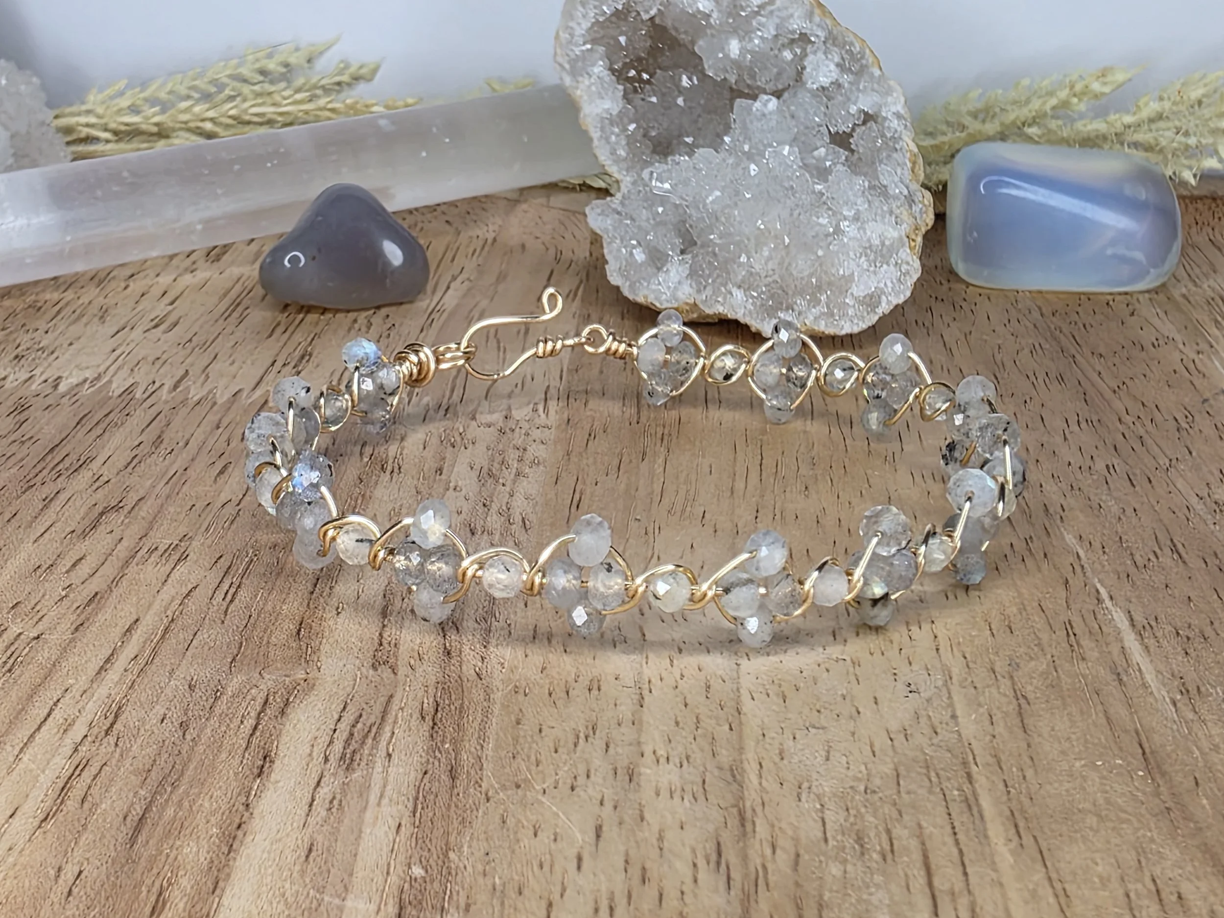Labradorite and Prehnite Wirewrapped Bracelet, Choose Between silver or Gold