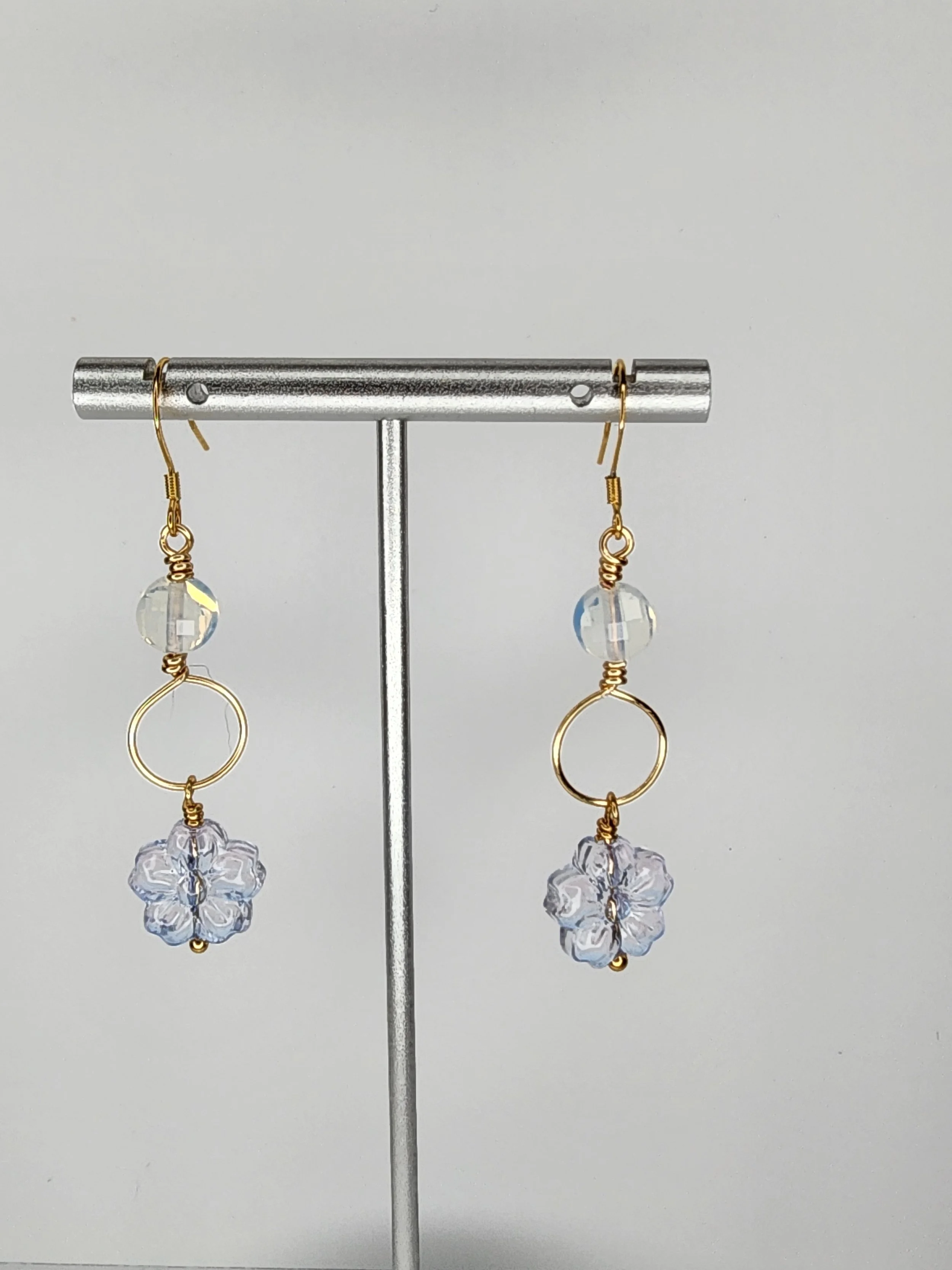 Opalite and Czech Glass Blue Flower Earrings, Gold, Wirewrapped, Gold, Silver or Copper